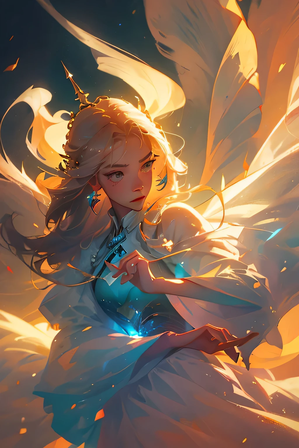 Semi-realistic anime photos, high quality, Fairies descend from the sky, translucent，With colorful flashes, white dress, symmetrical face, Golden Hour, soft, concentrated, Very detailed, Surreal, dramatic lighting, elegant, complex, concept art, The Art of WLOP, Mars Rabelo, Greg Rutowski, art station