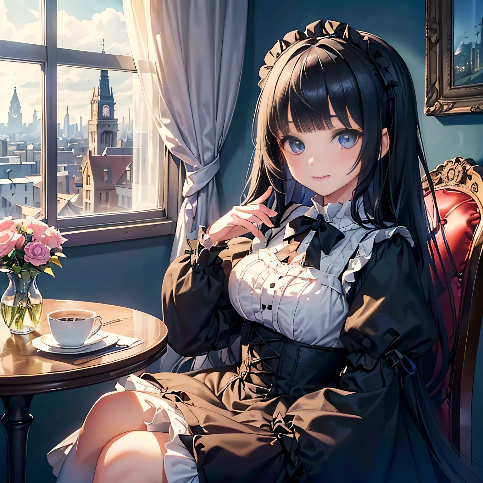 (lolita gothic costume),((1girl,cute,young,semi long beautiful black hair,blunt bangs,pony tale,beautiful blue eyes)),(solo),((masterpiece, highest resolution,best quality)), (beautiful illustration),(lolita gothic costume),
 (looking at the viewer), innocent smile,cinematic lighting,beautiful modern cafe,big city,table,chair,window,flowers,buildings,blue sky