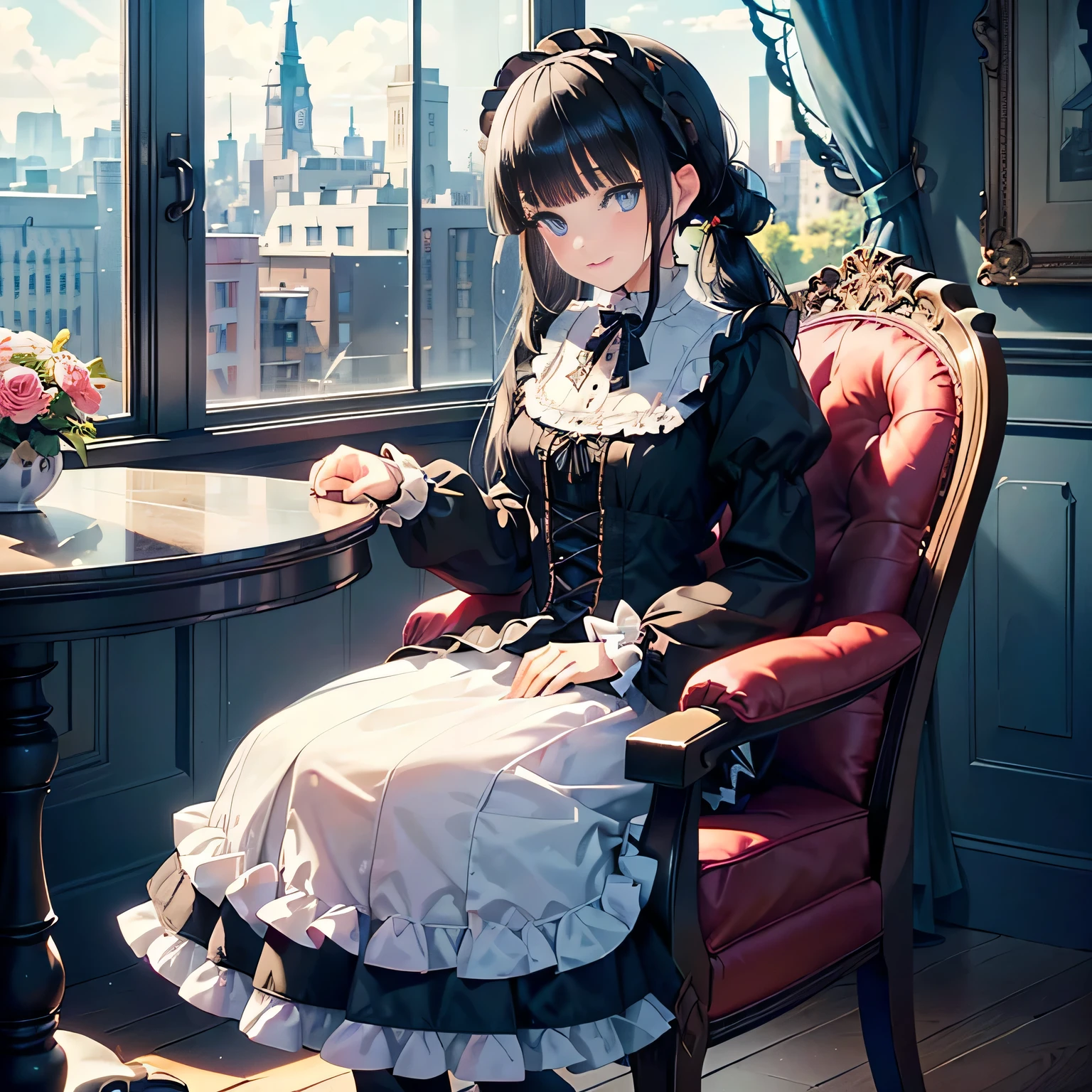 (ta gothic costume),((1girl,cute,young,semi long beautiful black hair,blunt bangs,pony tale,beautiful blue eyes)),(solo),((masterpiece, highest resolution,best quality)), (beautiful illustration),(loliothic costume),
(looking at the viewer), innocent smile,cinematic lighting,beautiful modern cafe,big city,table,chair,window,flowers,buildings,blue sky