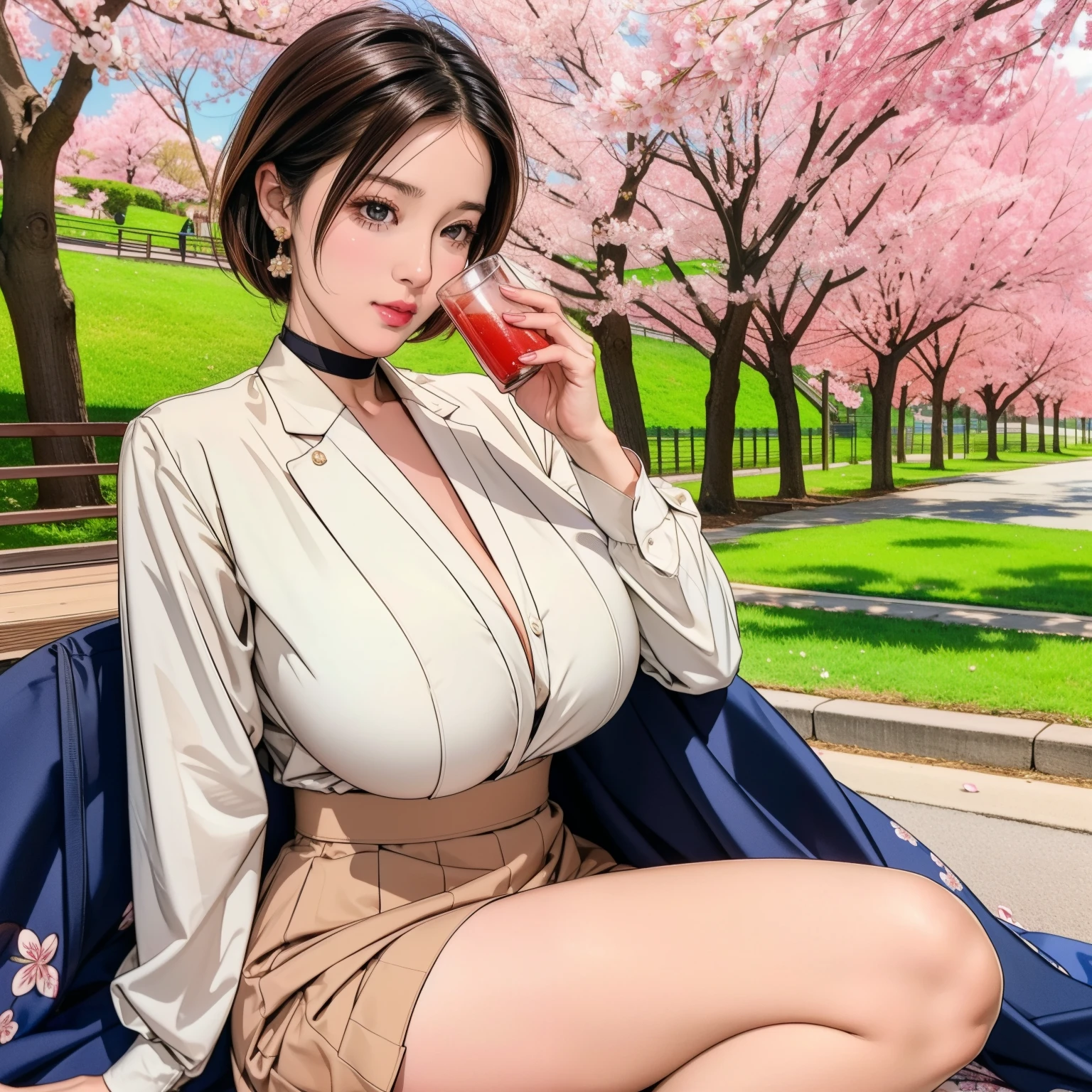 A woman drinking sake while enjoying cherry blossom viewing in a park with cherry blossoms in full bloom and petals just starting to fall, In a park rich in nature、plant, (((Masterpiece of sexy pose))), ((highest quality)), ((Complex)), ((surreal)), stupid reply, mature woman, mature woman, perspective, very detailed, shape, 3 girls, ((big breasts)), perfect hands, finger details, fine and beautiful eyes, short hair, brown eyes, chief executive officer（chief executive officer（CEO）, (business suit:1.2), open office shirt, Tight Skirt, black choker, earrings, stockings, detailed background, perfect eyes, enchanting eyes, looking at the viewer, From above, I spread a plastic sheet under a cherry tree and sat with my legs crossed., blushing cheeks, Scene of a fun party with female friends