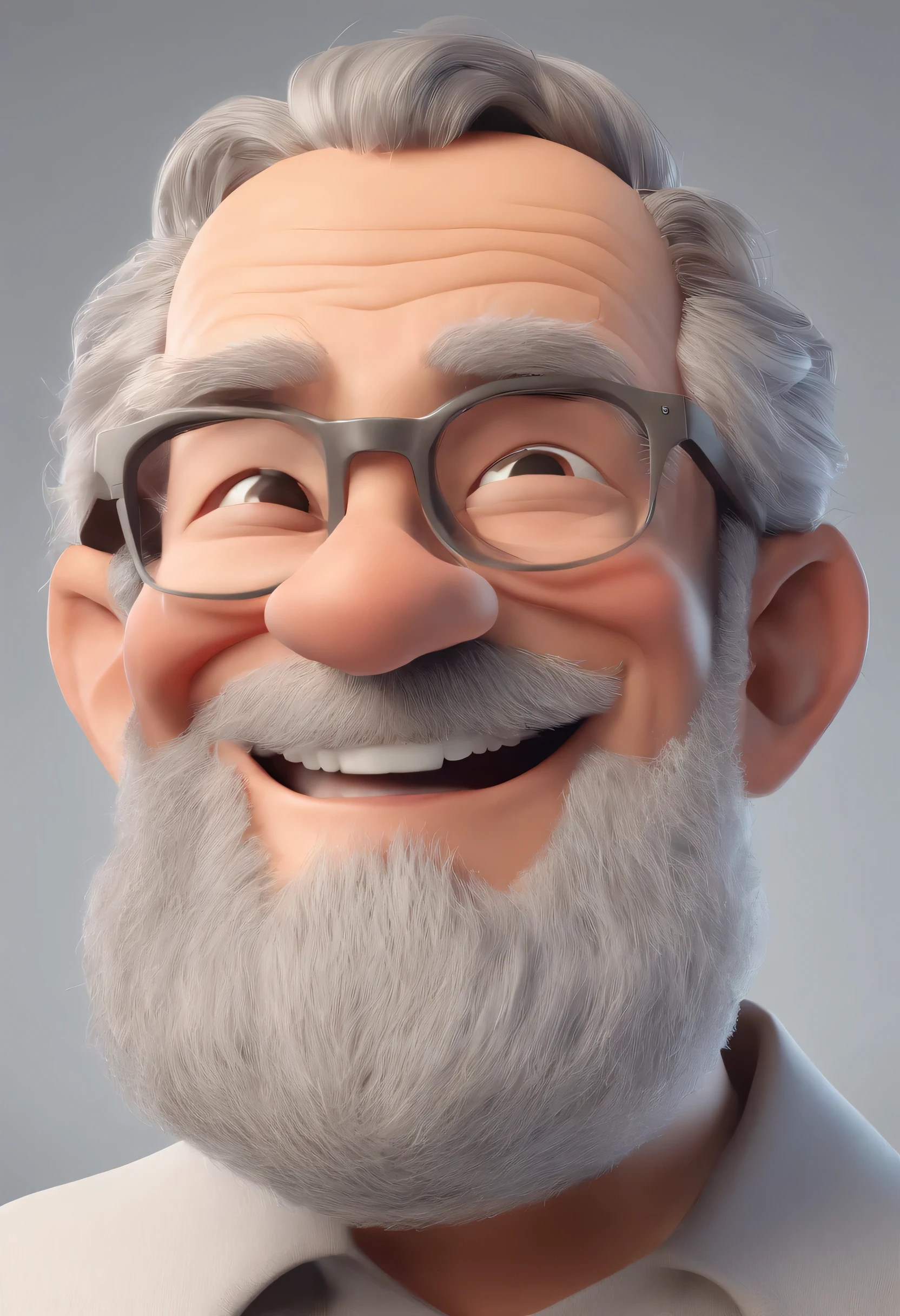Illustration of smiling man, sorriso insano, Homem de pele marrom com um sorriso gigante, smiling happily at the camera, sorriso atrevido, barba grisalha, Cabelo ralo, thick lens glasses, he is smiling, sorriso muito grande, Macho sorridente, foto de perfil headshot, rindo sorriso enorme, desenhando no estilo de Arte 3D, C4D, fundo de cor branco puro, estilo disney, estilo pixar render ilustracao Super Detalhe, 8k