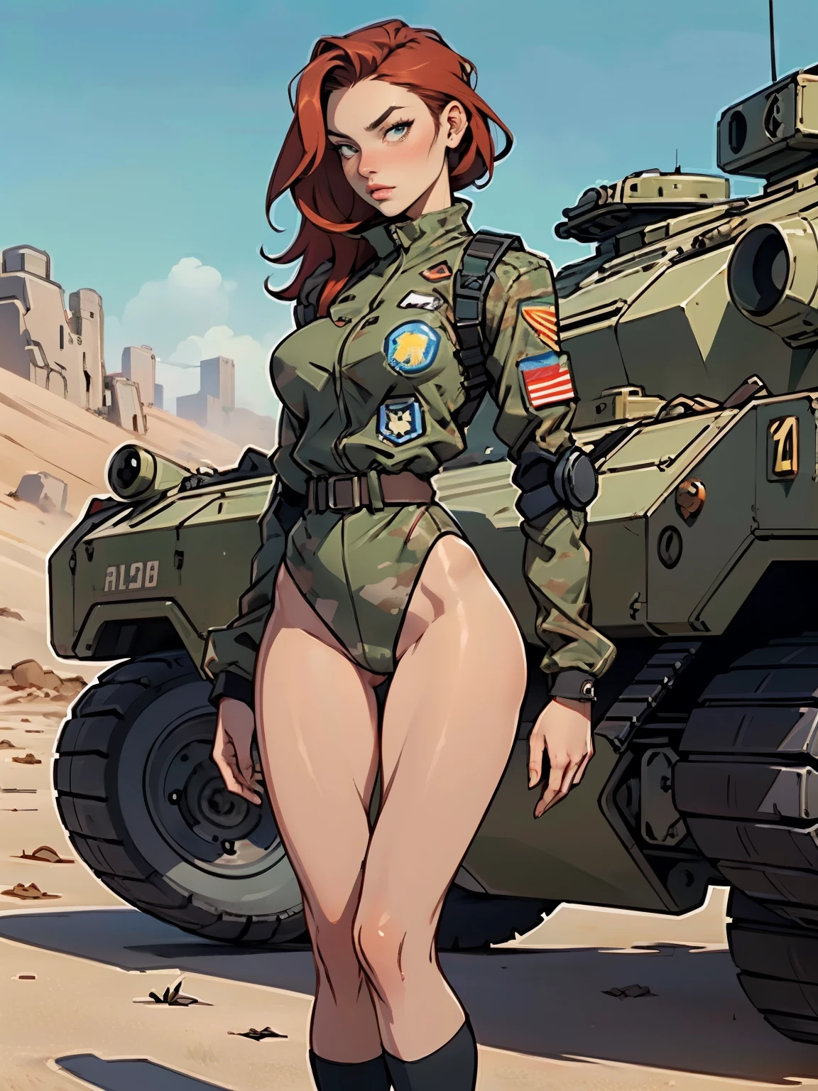 1woman 20 years old, military, beautiful, perfect body, realistic, red hair, perfect body, thin waist, , large breasts, slim thighs, desert background, armored vehicle, flying fighters, military robot dog, camouflaged uniform, wealth of details, tight panties, marking on the front, slender knees, highly detailed, high resolution, prefect hands, slender thighs, show knees, thigh gap, alert eyes