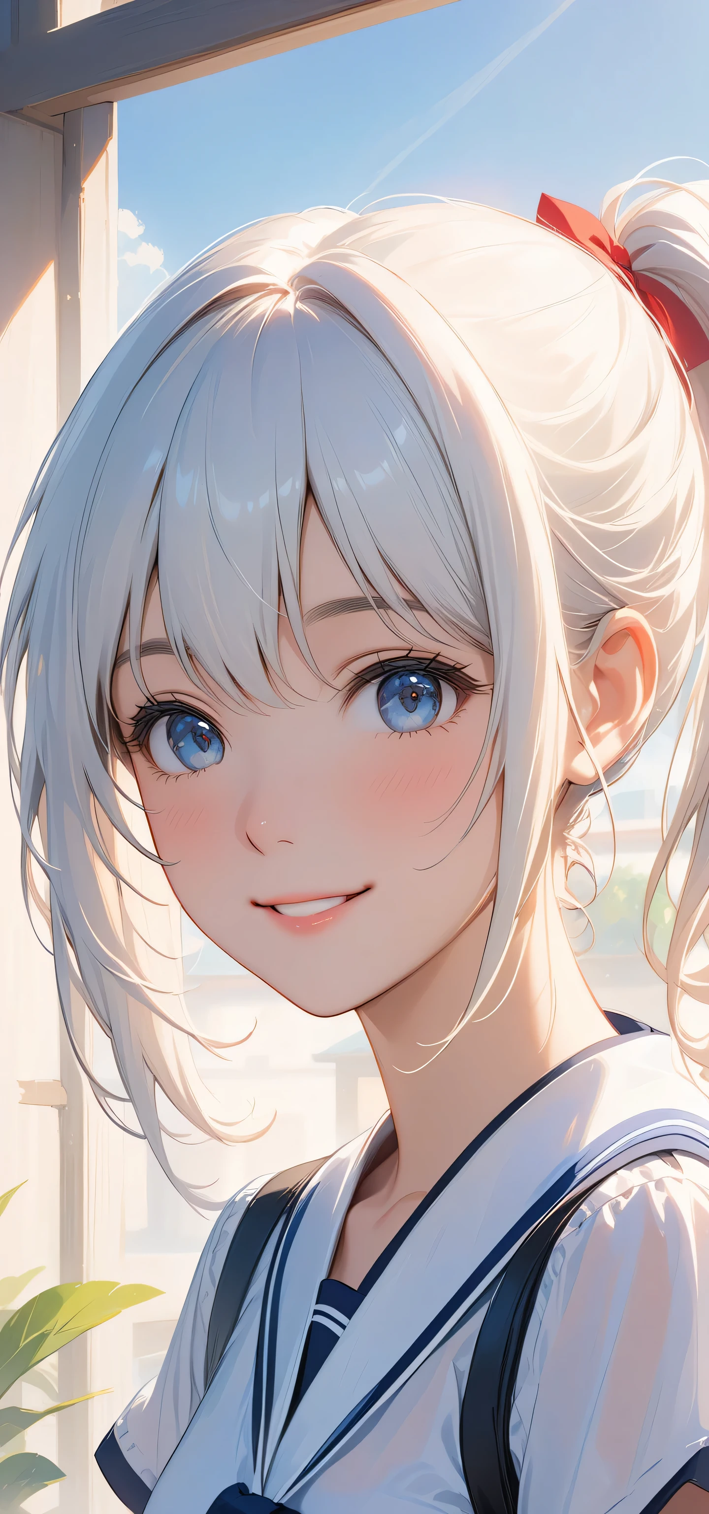 masterpiece, top quality, Super details, 8K, Detail lights, Detailed shadows, raw, (delicate skin), (real: 1.2),, 1 girl, white hair,side ponytail, short sleeve school uniform,Eye close-up,in the school,flat chest,Smile,Positive face,Face the screen