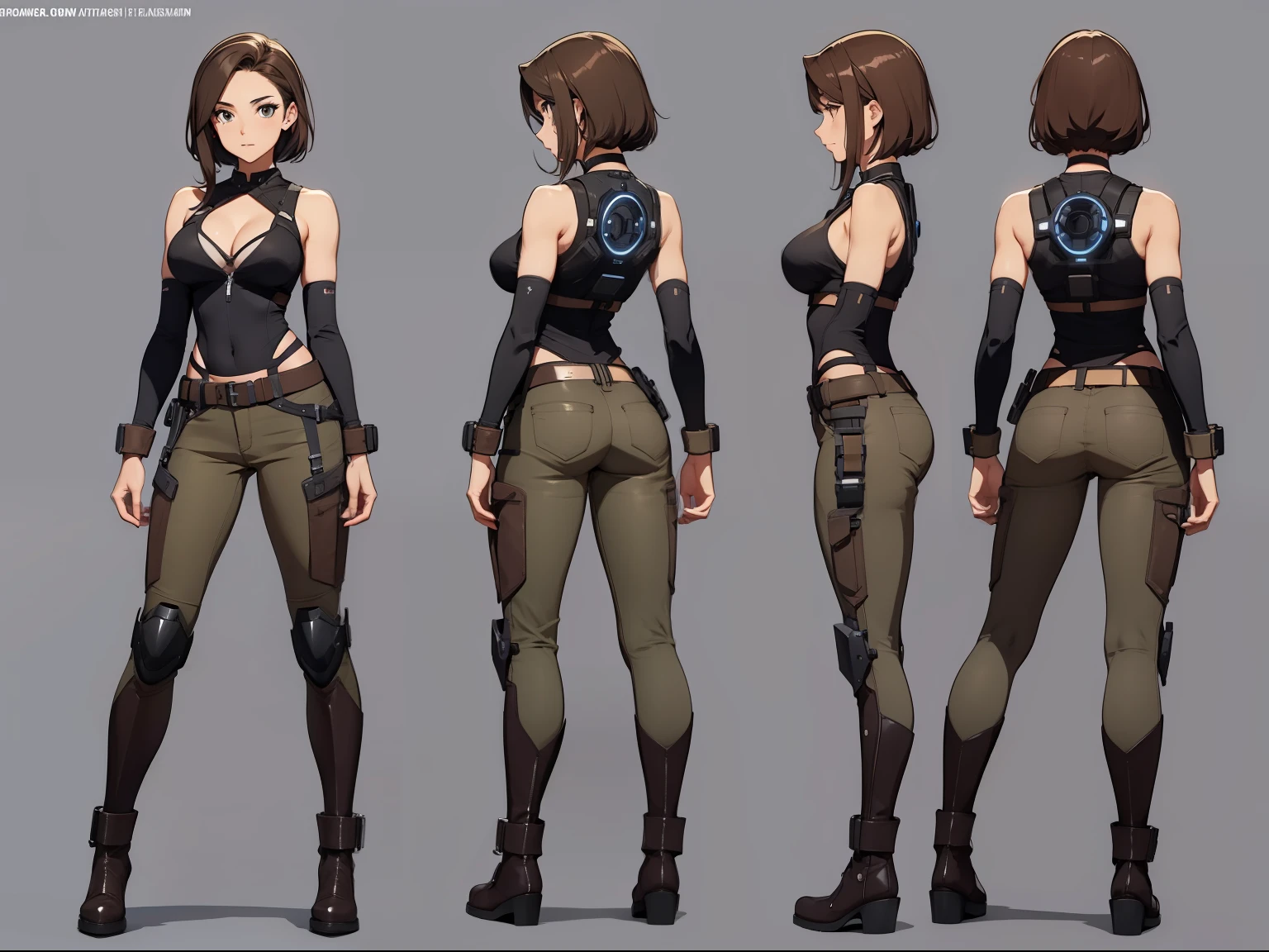 A woman, 20 years old, medium brown hair, tall boots, aesthetic body, tank top, stylish, scientist, scientist clothes, futuristic, cleavage, tech equipment, various angles, (front, back, side), character sheet, model sheet, reference sheet.