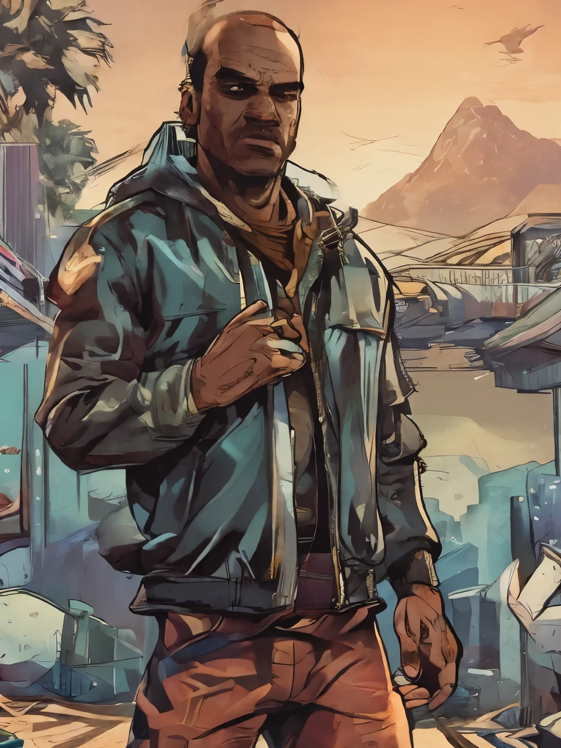 Imagine Trevor Phillips from GTA, known for his wild antics and unpredictable behavior. Picture him at the Sandy Shores airfield, the desert sun casting long shadows over the dusty planes. He’s got his signature style going, but with a twist: his jeans are sagged just so, revealing the band of his undergarments, and he’s bundled up in a bulky Northface puffer jacket that seems at odds with the heat. The scene has a gritty, nostalgic feel, reminiscent of PS2 graphics - the edges are jagged, the textures are simpler, and there’s a certain charm to the polygonal simplicity. Trevor seems almost out of place, yet perfectly at home in this throwback to an earlier gaming era