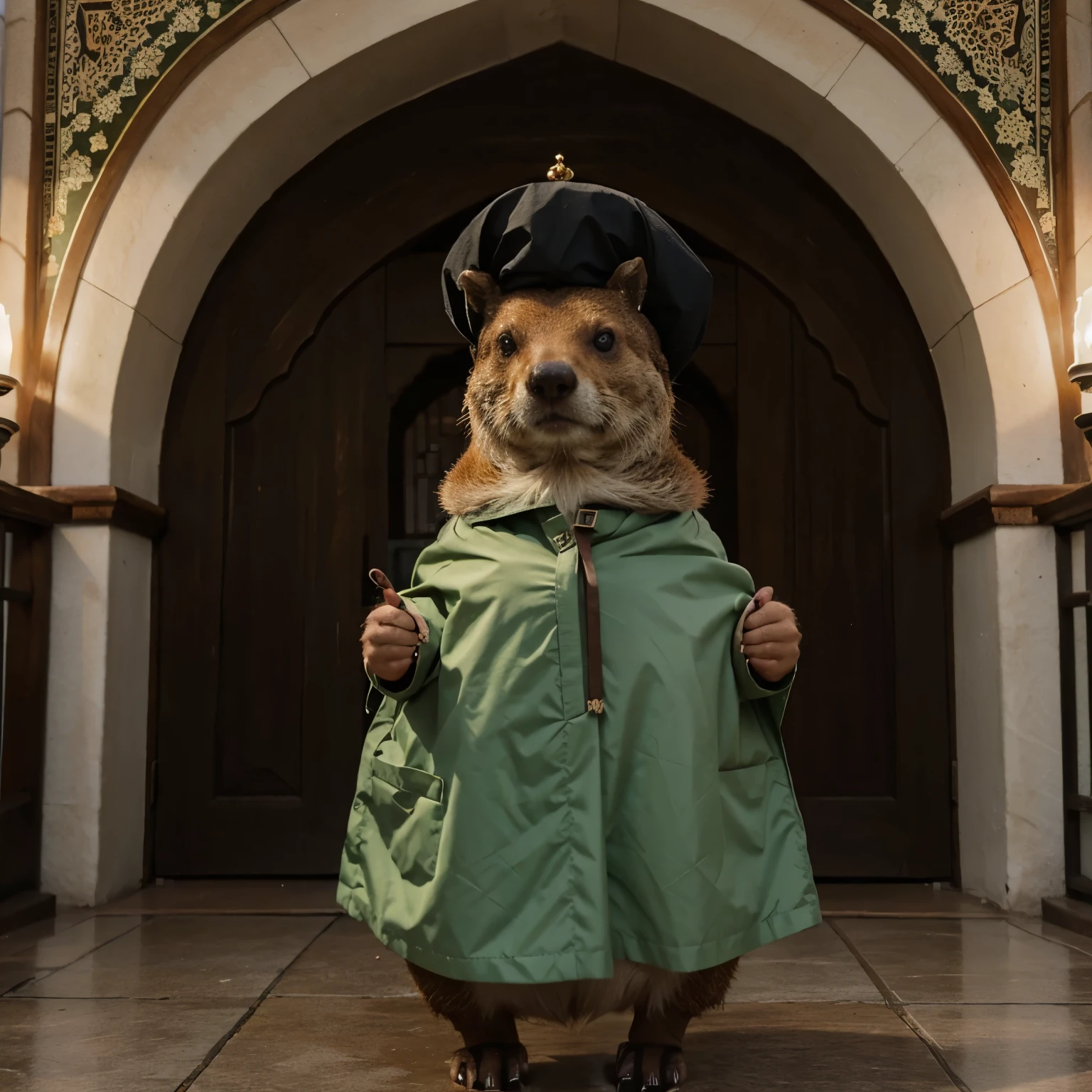 A beaver wearing Muslim clothing for celebrating Eid Mubarak