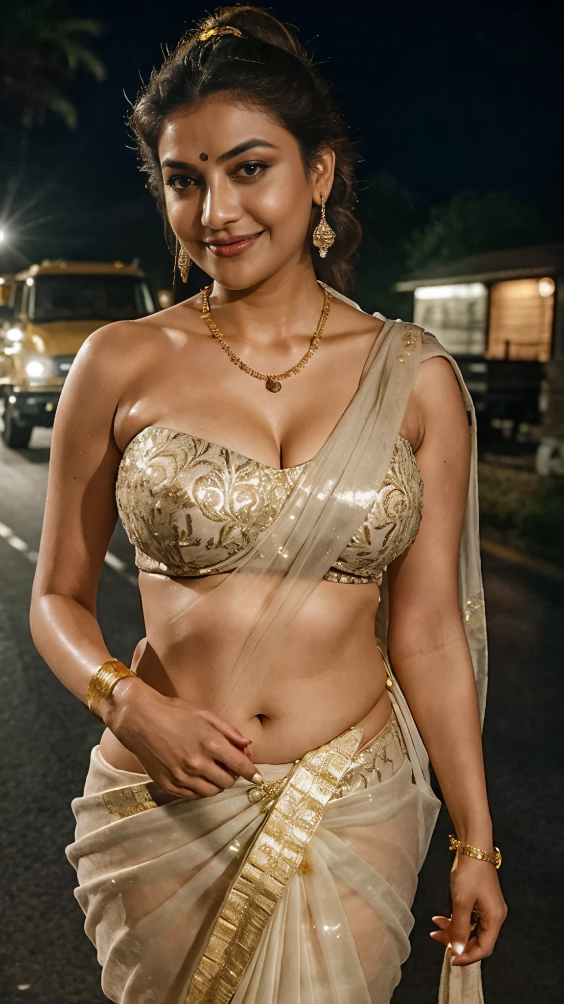 night scene, extreme close up photo of sexy indian, big cheeks, hourglass figure, swooping breasts, deep cleavage, with one hand holding a flashlight near truck on road, ponytail, necklace, white and gold see through strapless saree, look at viewer and subtle smile, (cinematic:1.3), intricate details, (ArtStation:1.2)