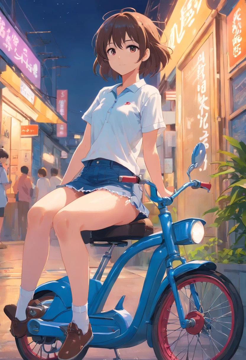 a girl sitting on tricycle saddle cushion, denim miniskirt, white panties,
