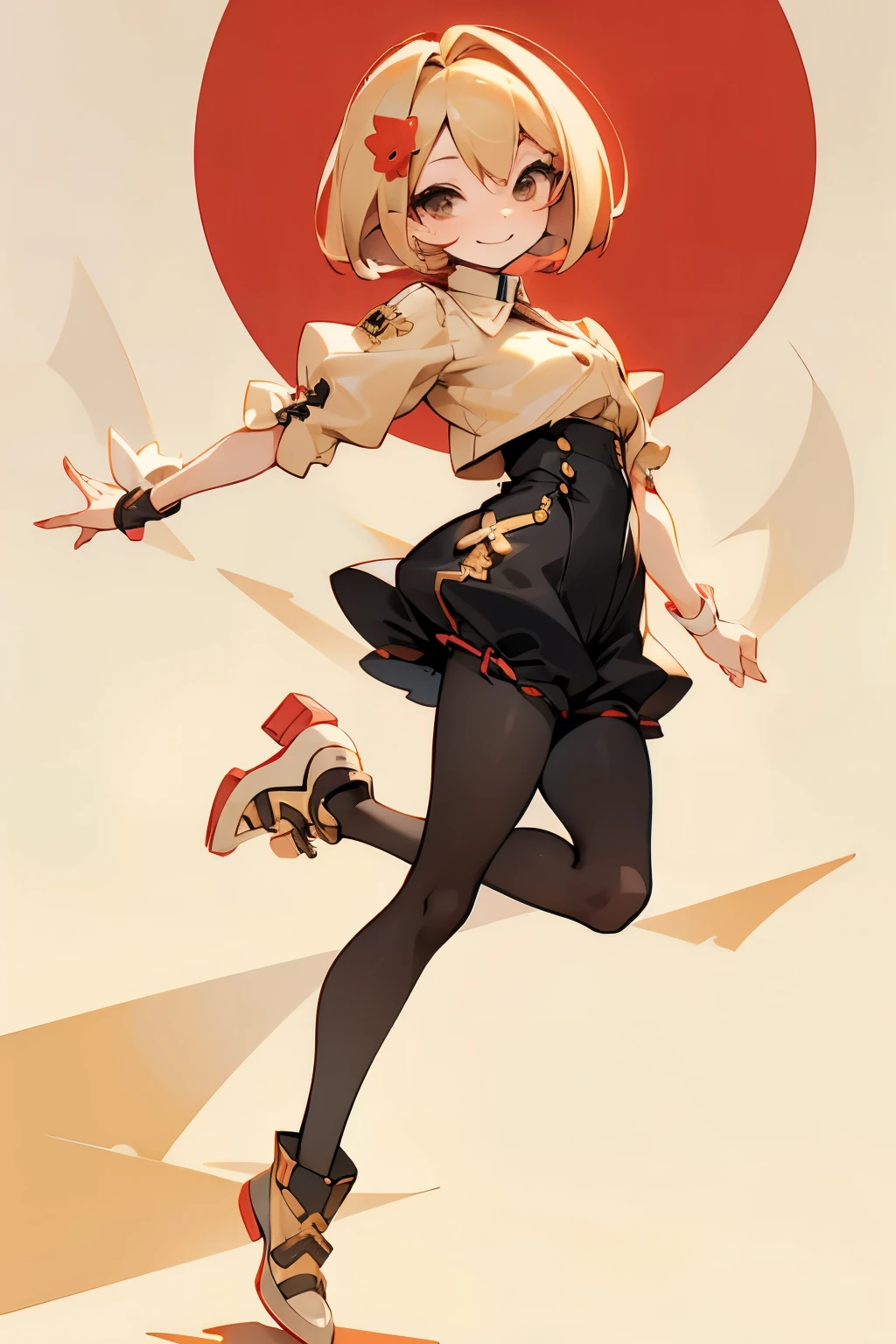 A girl with impressive blonde hair、hair ornaments、short bob、black pantyhose、No sleeve、hot pants、smile、Cute shoes with accessories、red hair band、dynamic pose
