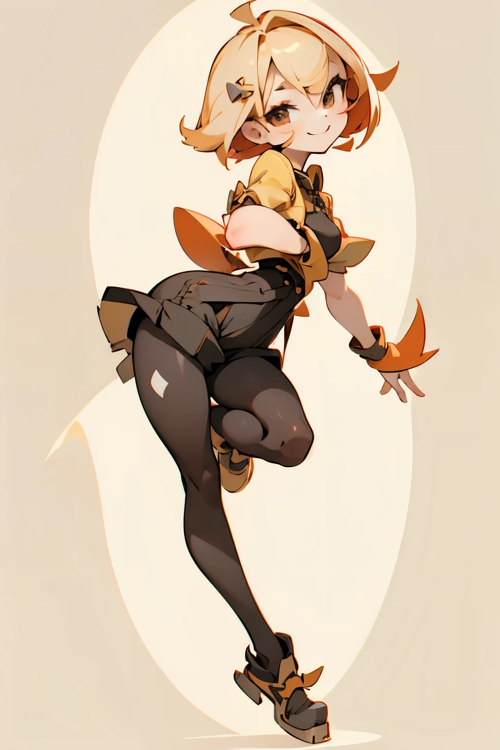 A girl with impressive blonde hair、hair ornaments、short bob、black pantyhose、No sleeve、hot pants、smile、Cute shoes with accessories、red hair band、dynamic pose
