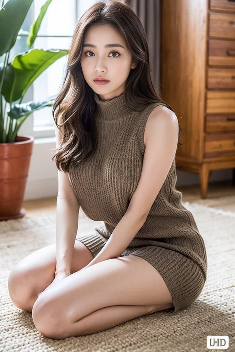 dark brown hair、light brown eyes、Japanese actress face、 lady、I'Iは彼とIが好きです'I'Iは40歳くらいです.、(intricate details:1.2)、(which one is the top?:1.4)、 (ultra high resolution:1.2)、ultra high resolution、(finely tuned)、(detailed facial features)、nffsw、8K resolution、D cup size breasts、long hair、big window、luxurious space、relax、、,full body photo、head to toe shot、beautiful feet、beautiful feet、A refreshing room full of sunlight、she, household items, (plant:0.8), center of fashion, extreme details, very detailed, realistic, hourglass body, obscene pose,、、I cry a lot、tears、person on the left、white wall、white floor、diagonally from below、raise your chin、put your butt against the wall、relaxした表情、Pose of Weakness、(auraroid photo:1.2)、from outside the window、Transparent painting masterpiece、8K、32k、highest quality、(Details of both eyes)、1 girl、elegant、(Loose sleeveless knit :1.4)、sunset、sit、(Low - Angle、take a look here、tilt one's head:1.2)、Hilarious、look at the camera、