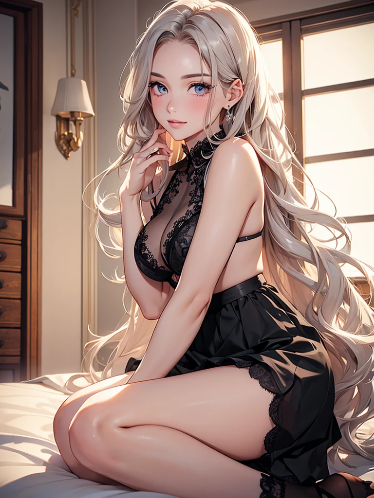A woman, 30 years old, Mature, Super textured hair, Extra long wavy hair, Single ear front hair, Nice face, Super detailed eyes, Grow eye hair, shining pupils, Charming eyes, Beautiful and delicate lips, seductive smile, A light blush, Very detailed face, Extra detailed body, High quality real skin texture, white collared shirt, black skirt, (semi-sheer chiffon), Lace trim at hem, black lace underwear, barefoot,