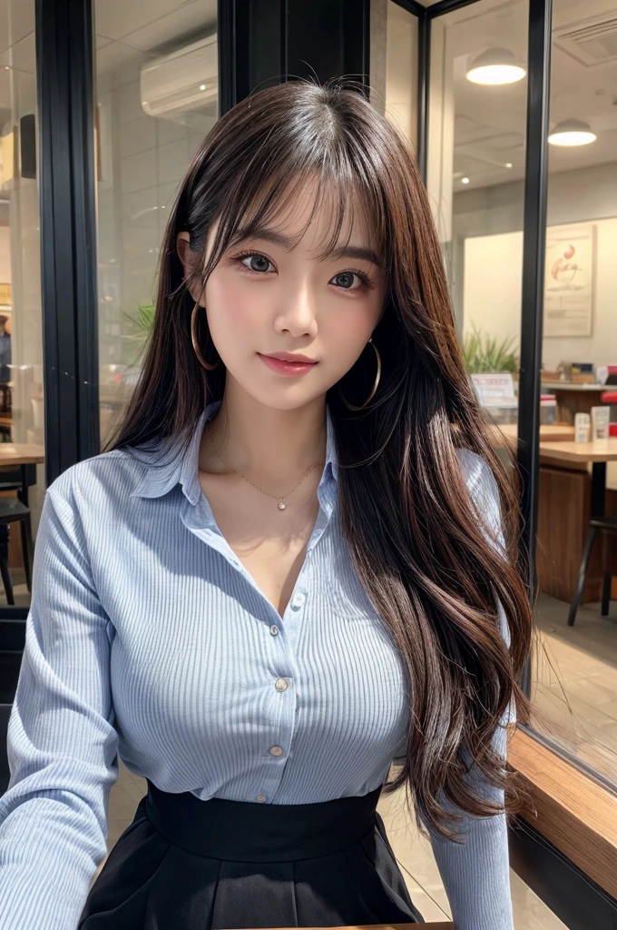 table top, highest quality, realistic, Super detailed, finely, High resolution, 8k wallpaper, 1 beautiful woman, Medium chest、In casual business attire, at the cafe, messy hair, perfect dynamic composition, finelyて美しい目、(((超highest quality, masterpiece))), (((very detailed)))