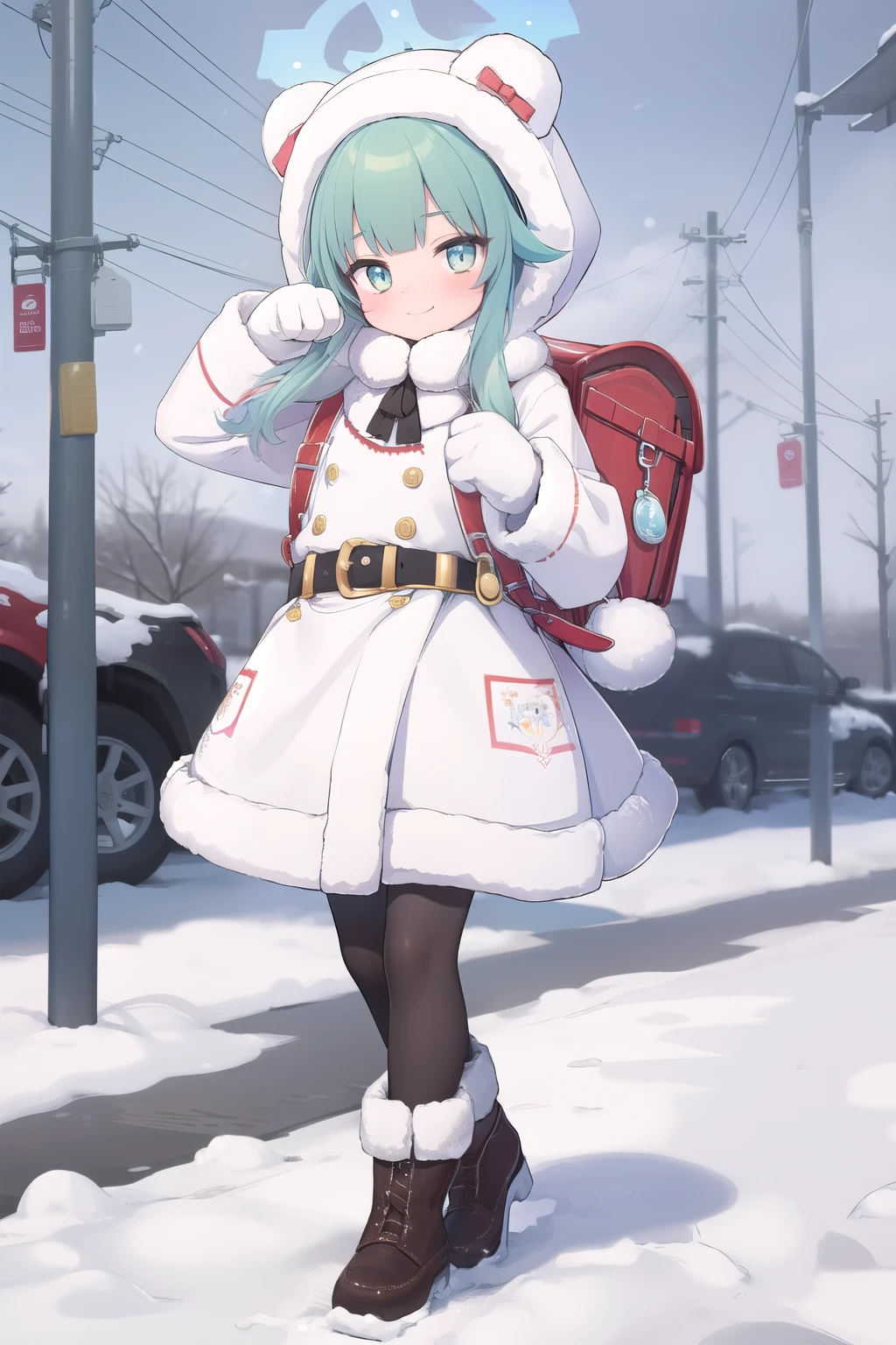 (masterpiece:1.3), (absurdres:1.3), (best quality:1.3), 1girl, hd, looking at viewer, smile, outdoors, snow, full body, paw pose, momijifi, halo, hood, fur trim, animal hood, winter clothes, white coat, gloves, fur-trimmed hood, fur-trimmed coat, pantyhose, fur-trimmed- sleeves, fur-trimmed capelet, fur-trimmed boots, wearing school backpack, (backpack:1.1)