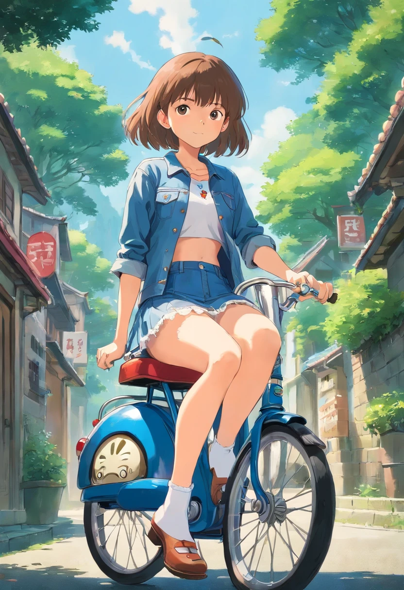 a beautiful young woman sitting on top of a bike, a picture, shin hanga, large breasts size, white miniskirt, very very very realistic