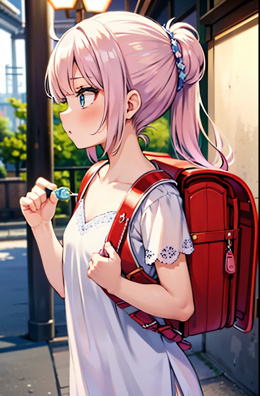 Masterpiece, hd, nightgown, girl in her twenties, girl in her Japan, small breasts, perfect skin, perfect figure, hair tied back, gravure,wearing  randoseru backpack, side view, (randoseru backpack:1.0)