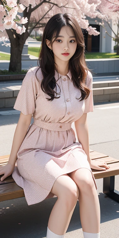 best quality 세부 사항:1.2, realistic, 8k words, highest resolution, 1 girl:1.2, very detailed, high quality texture, intricate details, Detail, very detailed CG, high quality shadows, Beautiful delicate face with details, Beautiful and delicate eyes with details, depth of fields, ray tracing, 4K 8k words Full Color RAW Photos, Fujifilm, masterpiece, best quality,Korean woman, milf,28 year old woman,long hair,shining_skin,thin_waist,huge tits, Polka_Dot_Midi_dress,socks,the opposite, night, HD, 8 thousand,crowd:1.1,depth of field,looking at viewer,sitting on bench,random pose, mystical royal palace background, Cherry Blossom