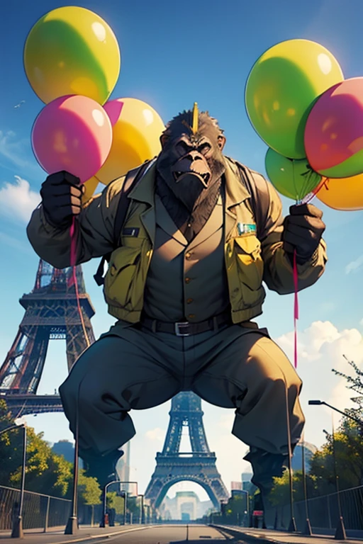 King Kong suspendu à la tour Eiffel et des gilets jaunes tenant des ballons de plusieurs couleurs