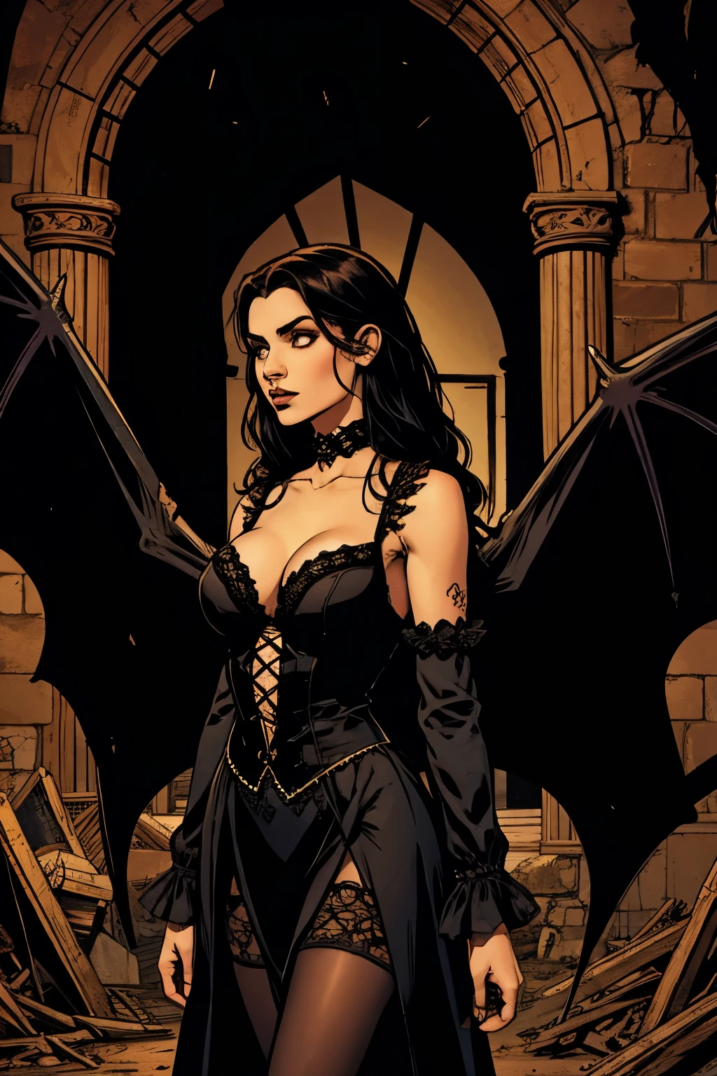 ta guerreira,gothic style black clothes,chifres pontiagudos,dragon wings on the back,vista de cima, sensual and sexy inside a ruined castle