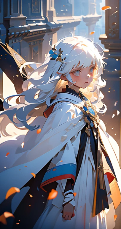 8K, (masterpiece), (High resolution), (dramatic), (Natural light), (small), 1 girl, flat chest, , white hair, long hair, beautiful hair, White clothes, skirt, long bangs, (( cape)), 白skirt