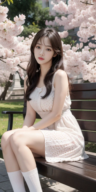 best quality 세부 사항:1.2, realistic, 8k words, highest resolution, 1 girl:1.2, very detailed, high quality texture, intricate details, Detail, very detailed CG, high quality shadows, Beautiful delicate face with details, Beautiful and delicate eyes with details, depth of fields, ray tracing, 4K 8k words Full Color RAW Photos, Fujifilm, masterpiece, best quality,Korean woman, milf,28 year old woman,long hair,shining_skin,thin_waist,huge tits, Polka_Dot_Midi_dress,socks,the opposite, night, HD, 8 thousand,crowd:1.1,depth of field,looking at viewer,sitting on bench,random pose, mystical royal palace background, Cherry Blossom