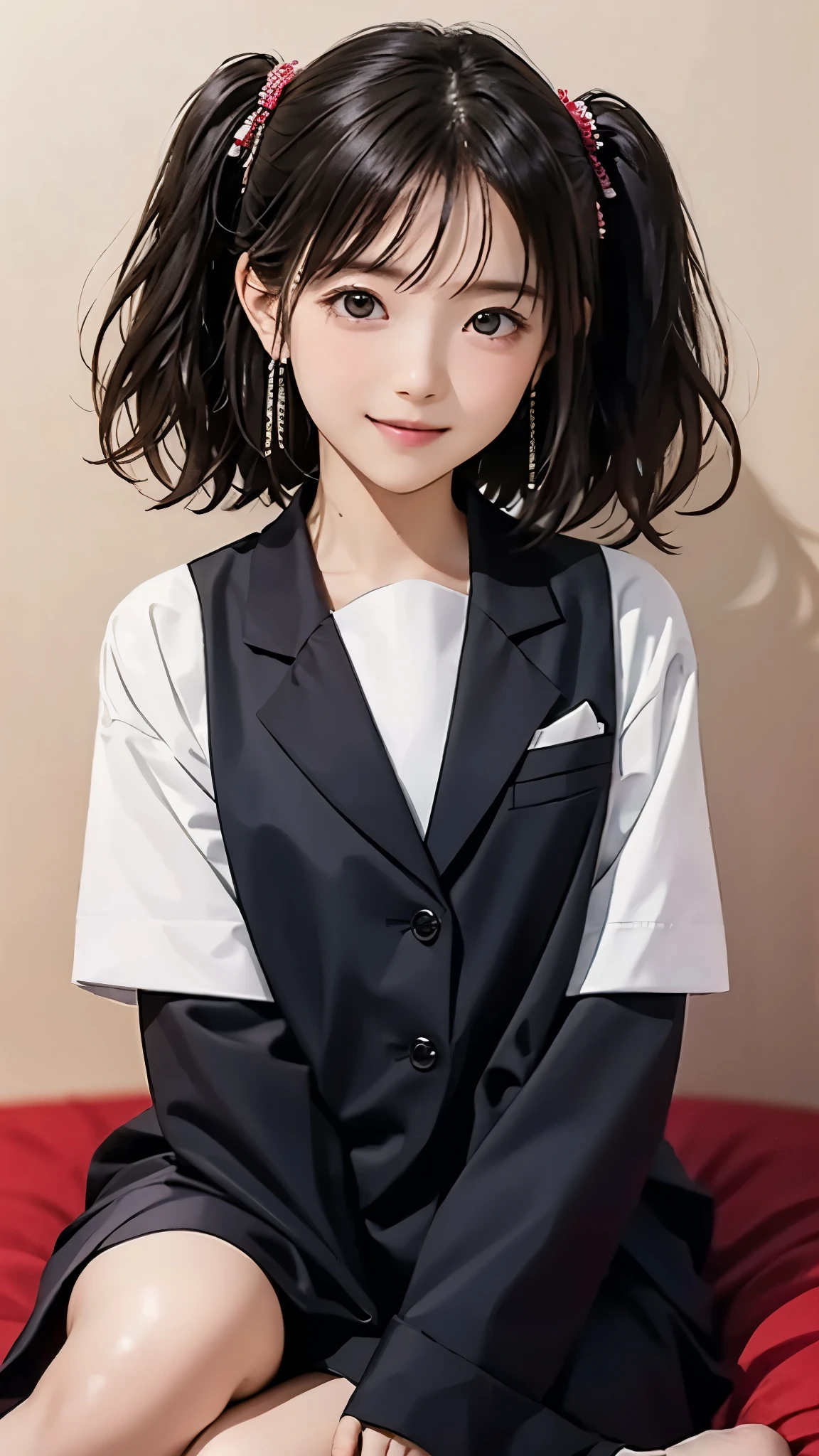 (((Masterpiece))),((top quality)),one beautiful Japanese girl,、young、bangs、wavy hair、(((two side up:1.5)))、short hair、black hair、brown eyes、droopy eyes、smile、(The background is plain)、ailor suit:1.5)、barefoot