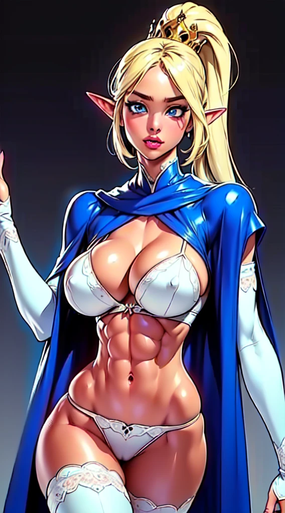 extremely long hair , ponytail, perfect anatomy 1 girl tall solo, slim thick,  ((muscular)) high elf toned body, silver breast plate, blue cape, slendered abs, hourglass waist, detailed face, defined cheekbones, puffy lips, gauntlets, gold crown, shadow over eyes, looking at viewer, masterpiece, white thigh highs lingerie,