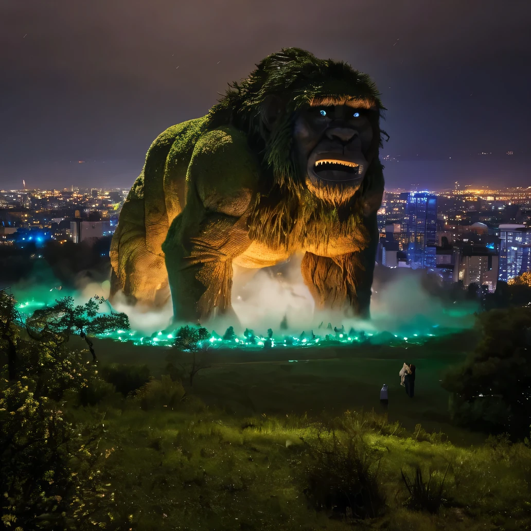 Entrez dans un monde de fantaisie et d'amazement with this captivating invitation to photograph a majestic giant creature., dominant un paysage urbain nocturne pluvieux, create a fascinating and impressive scene. La composition capture l'scale of the creature, with its imposing presence dominating the city below. Les rues détrempées par la pluie et les lumières scintillantes ajoutent une touche de mystère et d'atmosphere on stage., create a visual spectacle that challenges'imagination. L'utilisation de techniques d'creative lighting and'clever perspective tricks improve the'impact global de la photographie., immerse the viewer in a world where giants roam. Photographed by renowned photographer Erik Johansson