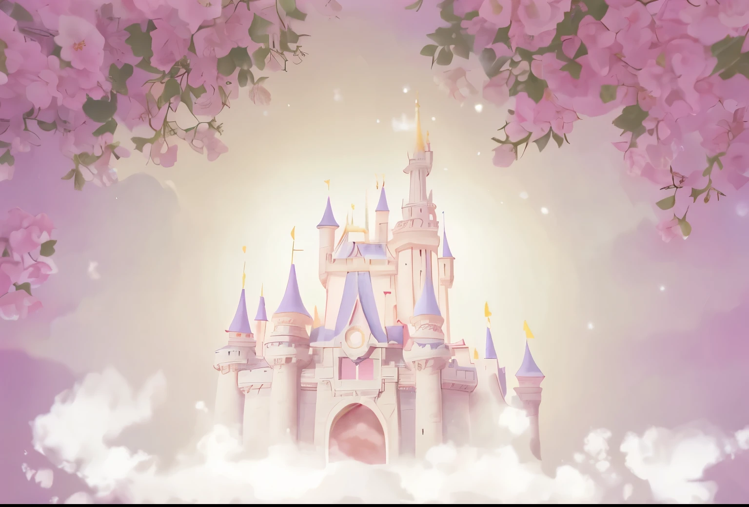 There is a castle in the clouds,There is a pink flower in the castle, dark pastel castle background, fairy tale风格背景, Disneyland Castle in the background, castle background, magic castle, Feiyun Castle, fairy tale艺术品, kingdom of light background, disneyland background, 神奇fairy tale背景, palace background, Very magical and dreamy, magical background, 奇幻fairy tale故事, fairy tale, Immortal Palace