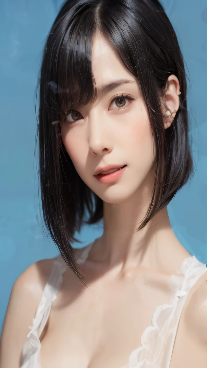 (software:2，table top, highest quality、ultra high resolution、face focus focus、focus on the sides、navel focus、decolletage focus、very attractive beauty、Add intense highlights to your eyes、look closely at the camera:1.4、Absolutely beautiful bangs:1.6、Brunette short bob hair with bangs:1.4、short bob hair:1.8),1 girl, Report, black haired, realistic, looking at the viewer, pale brown eyes, short hair, lips, lip gloss, Upper body、Big eyes、eyelash)、((hyper real stick:1.4、Beautiful face in symmetry))、((short hair with bangs:1.4、beautiful bangs:1.6、{Huge|big|huge|mega} chest:2, cleavage:2、Big eyes、Give your students very powerful highlights、very bigger chest、look at the audience、very beautiful beauty、show me your ears、beautiful long neck、beautiful decollete、smile、A smilee　beautiful teeth、Open your mouth and smilee))、28 years old、very cute super model、perfect anatomy、very simple green background:1.8