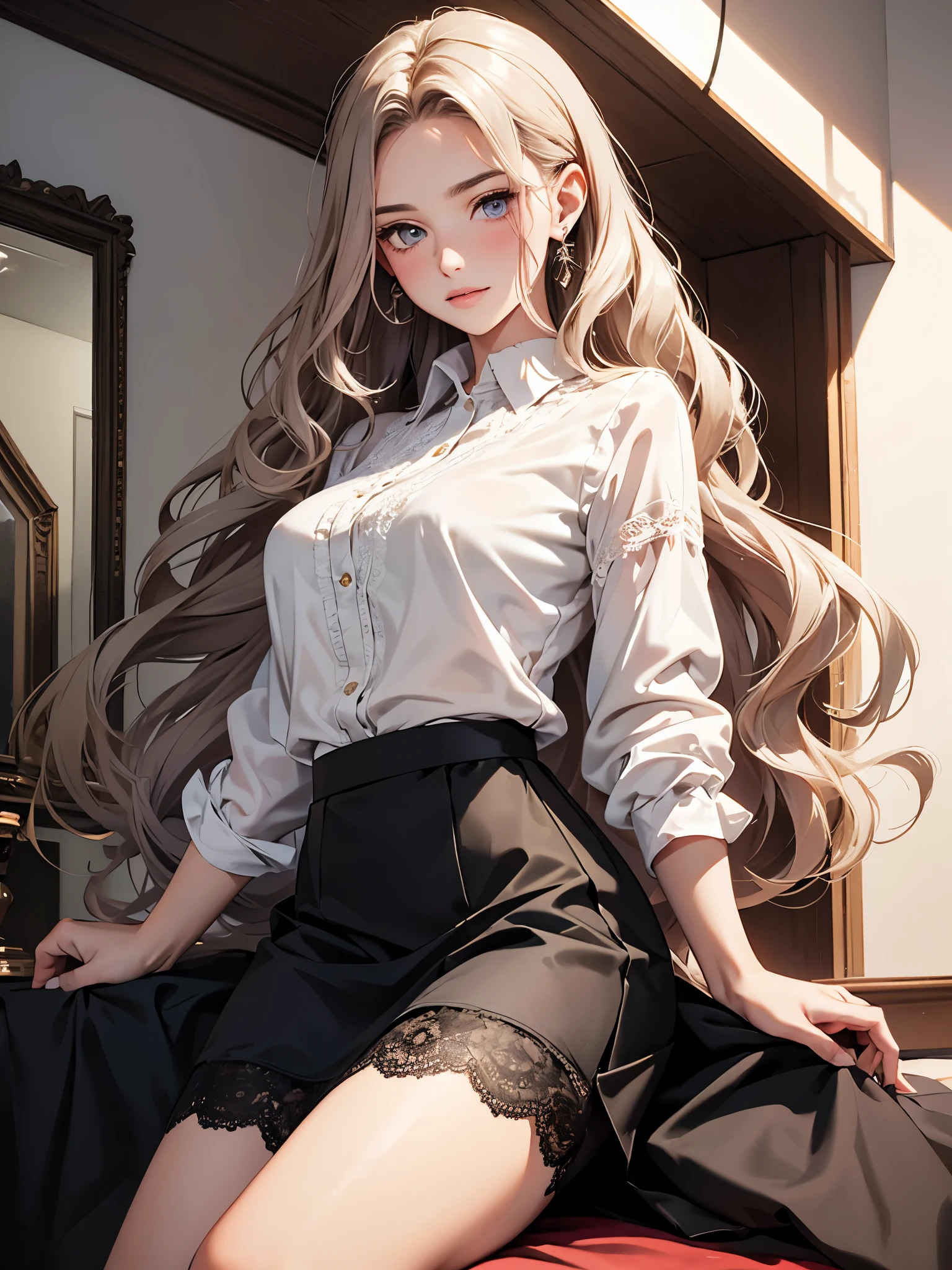 A woman, 30 years old, Mature, Super textured hair, Extra long wavy hair, Single ear front hair, Nice face, Super detailed eyes, Grow eye hair, shining pupils, Charming eyes, Beautiful and delicate lips, seductive smile, A light blush, Very detailed face, Extra detailed body, High quality real skin texture, white collared shirt, black skirt, (semi-sheer chiffon), Lace trim at hem, black lace underwear, barefoot,