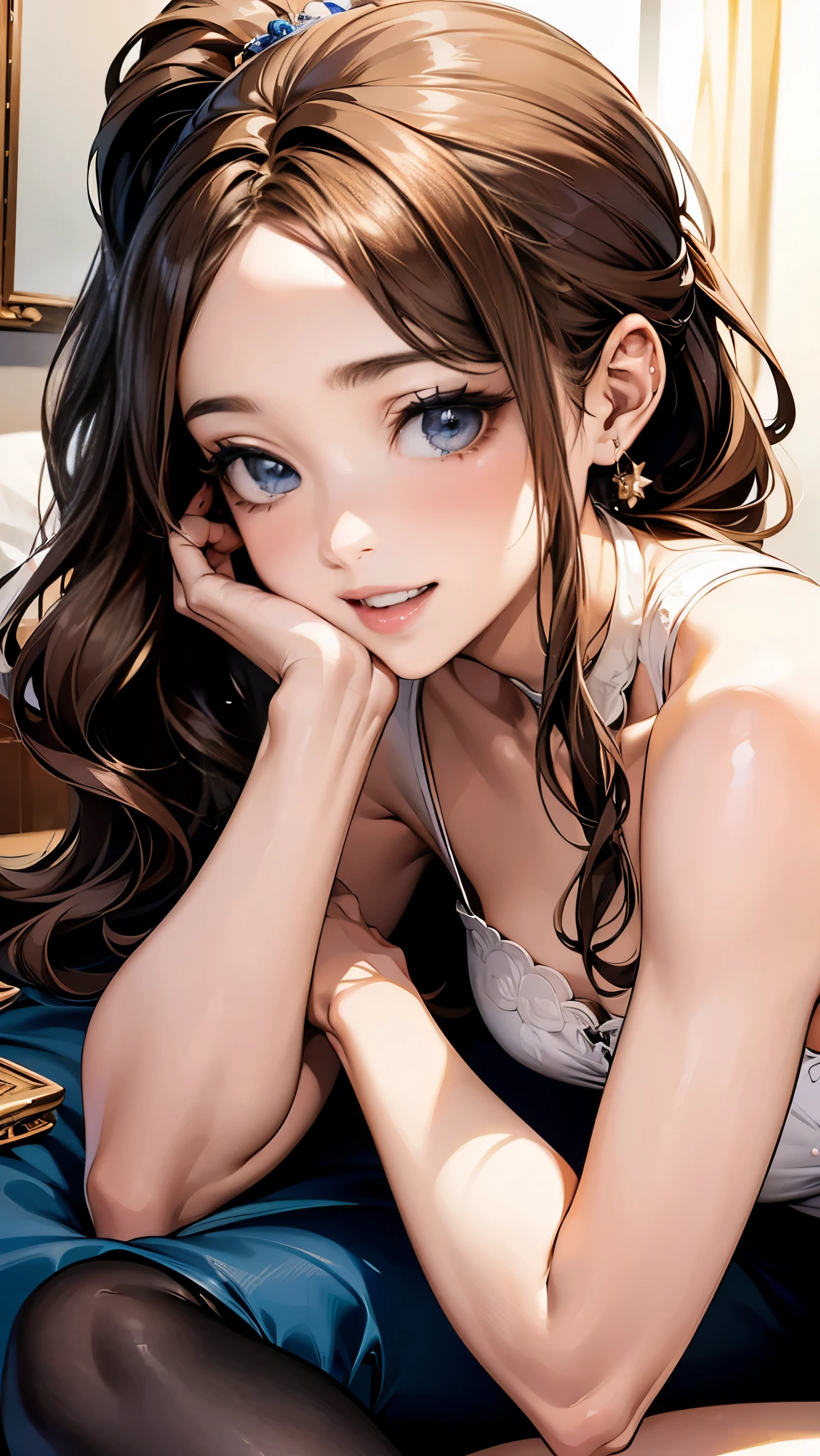 masterpiece、highest quality、High resolution、high quality images、8K, 1 female、skin luster、Texture of skin and clothing、Expression of fine eyes、Shiny light black hair,Girl with long black braided hair, Manga inspired by Lee Jong-suk, trending on deviantart, realism, detailed manga style, manga art style, perfect line drawing, beautiful line drawing, digital manga art girl, K-POPアイドル, beautiful light blue eyes, plump lips, detailed gorgeous face, (cute smile), charm, innocent, Side view, (perfectly detailed face), (fine hands) photorealistic images, Depth of written boundary, Princess hairstyle,  In underwear ,lying on a bed of roses  ,romanticism,