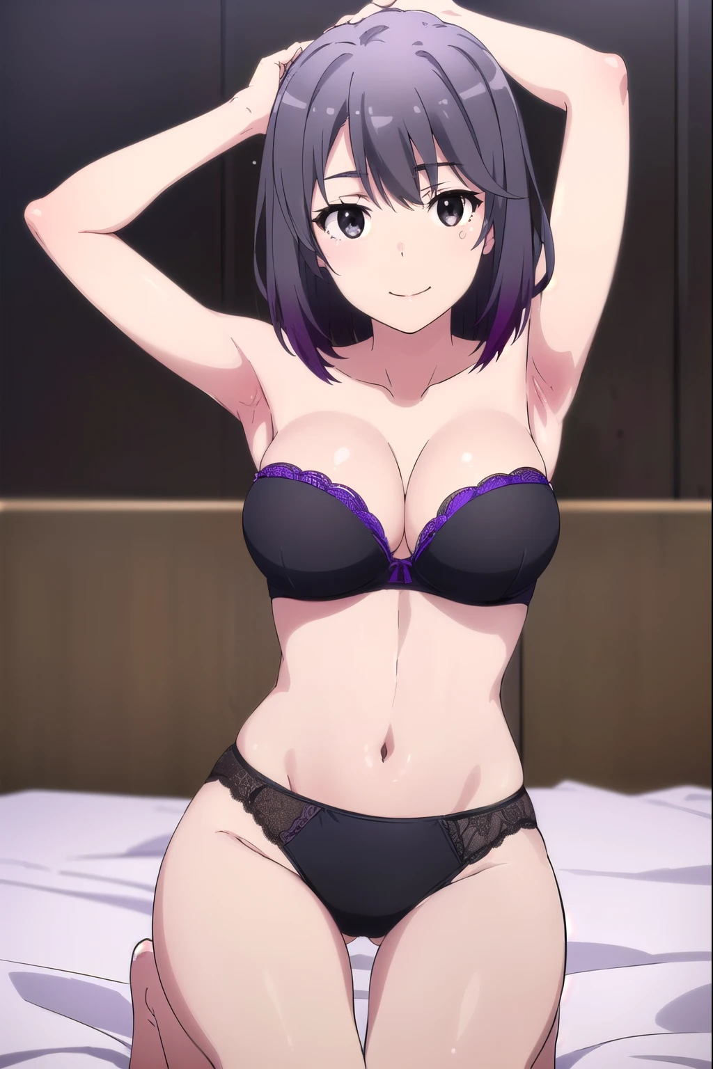 haruno yukinoshita, short hair, hair between eyes, (black eye:1.5), black hair, gradient hair, two tone hair, purple hair, masterpiece, highest quality, 1 girl, (one body), super detailed, High resolution, Very detailed CG, 1st Default, first closing, (first hairstyle:1.5), indoor, bedroom, (lie face up on the bed:1.5), perfect body, (rich armpit hair:1.5), (purple underwear:1.5), (race_sexy_panties:1.5), (Tube top_bra:1.5), (arms behind head, armpit:1.5), shiny skin, sweating, nipple, (big:1.5), (red面:1.5), (smile:1.5), (red_lips), White Body, huge breasts, (wide pelvis), (long legs:1.5), (warp the body greatly:1.5), (とてもbig_lower body:1.5), (Very thick_thighs:1.5), (get down on one knee:1.5), (looking at the viewer)