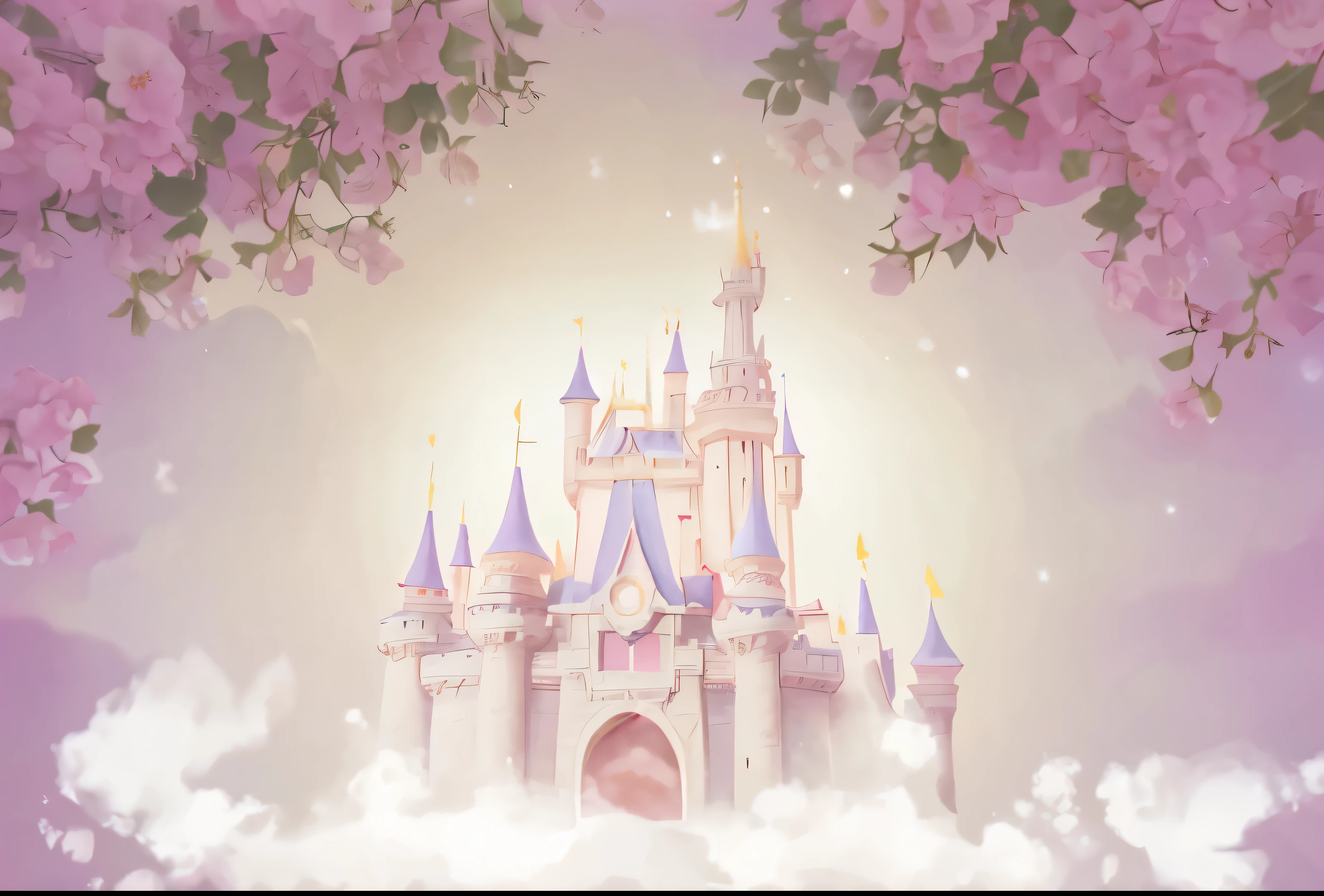 There is a castle in the clouds,There is a pink flower in the castle, dark pastel castle background, fairy tale style background, Disneyland Castle in the background, castle background, magic castle, Feiyun Castle, fairy tale artwork, kingdom of light background, disneyland background, Magic fairy tale background, palace background, Very magical and dreamy, magical background, Fantasy fairy tale story, fairy tale, Immortal Palace