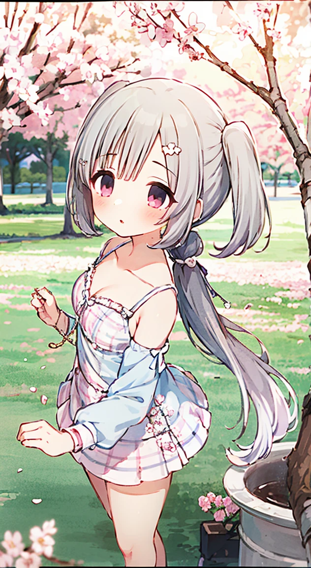 masterpiece, highest quality, (anime screencap:1.3),(shape), cute,(simple:1), (anime:1.2),Solo Sharp Focus, 1 girl, cleavage,looking at the viewer, Japan,silver hair,((bare shoulders,mini skirt)),Are standing, twin tails,spring((Cherry blossom viewing,Cherry blossom trees)),red ribbon,dark gothic,((Cherry tree,))