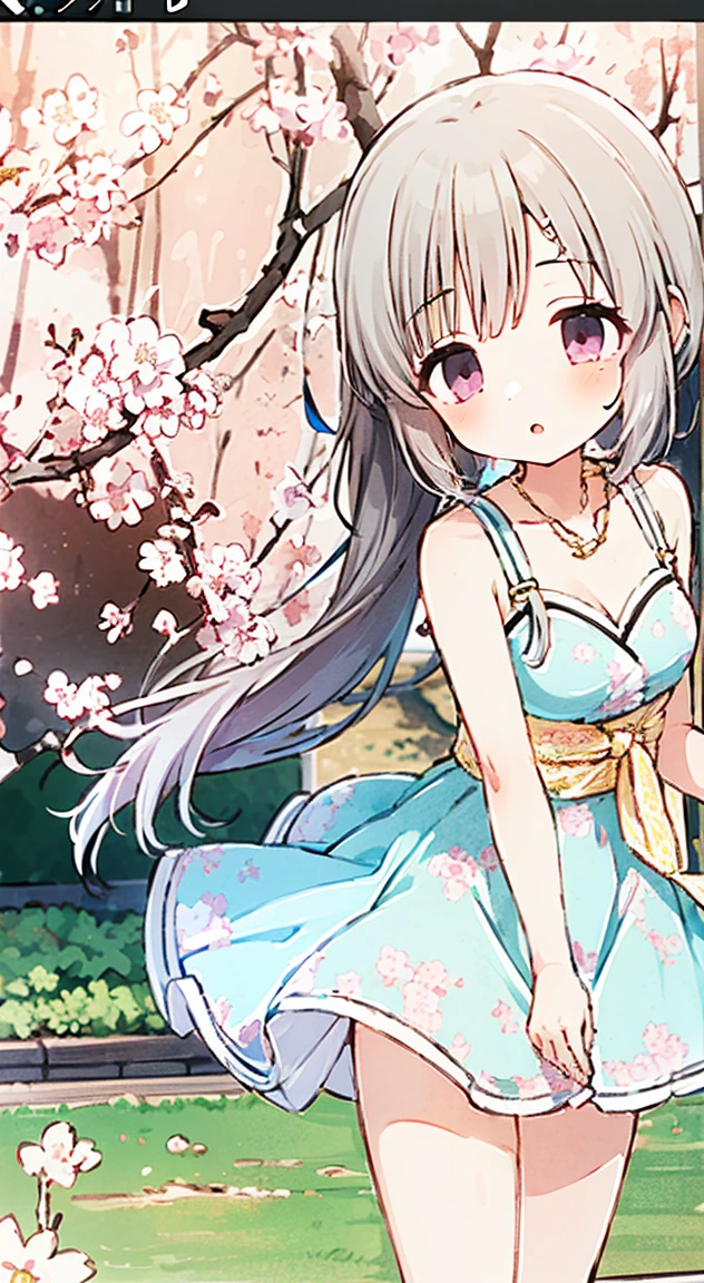 masterpiece, highest quality, (anime screencap:1.3),(shape), cute,(simple:1), (anime:1.2),Solo Sharp Focus, 1 girl, cleavage,looking at the viewer, Japan,silver hair,((bare shoulders,mini skirt)),Are standing, twin tails,spring((Cherry blossom viewing,Cherry blossom trees)),red ribbon,dark gothic,((Cherry tree,))