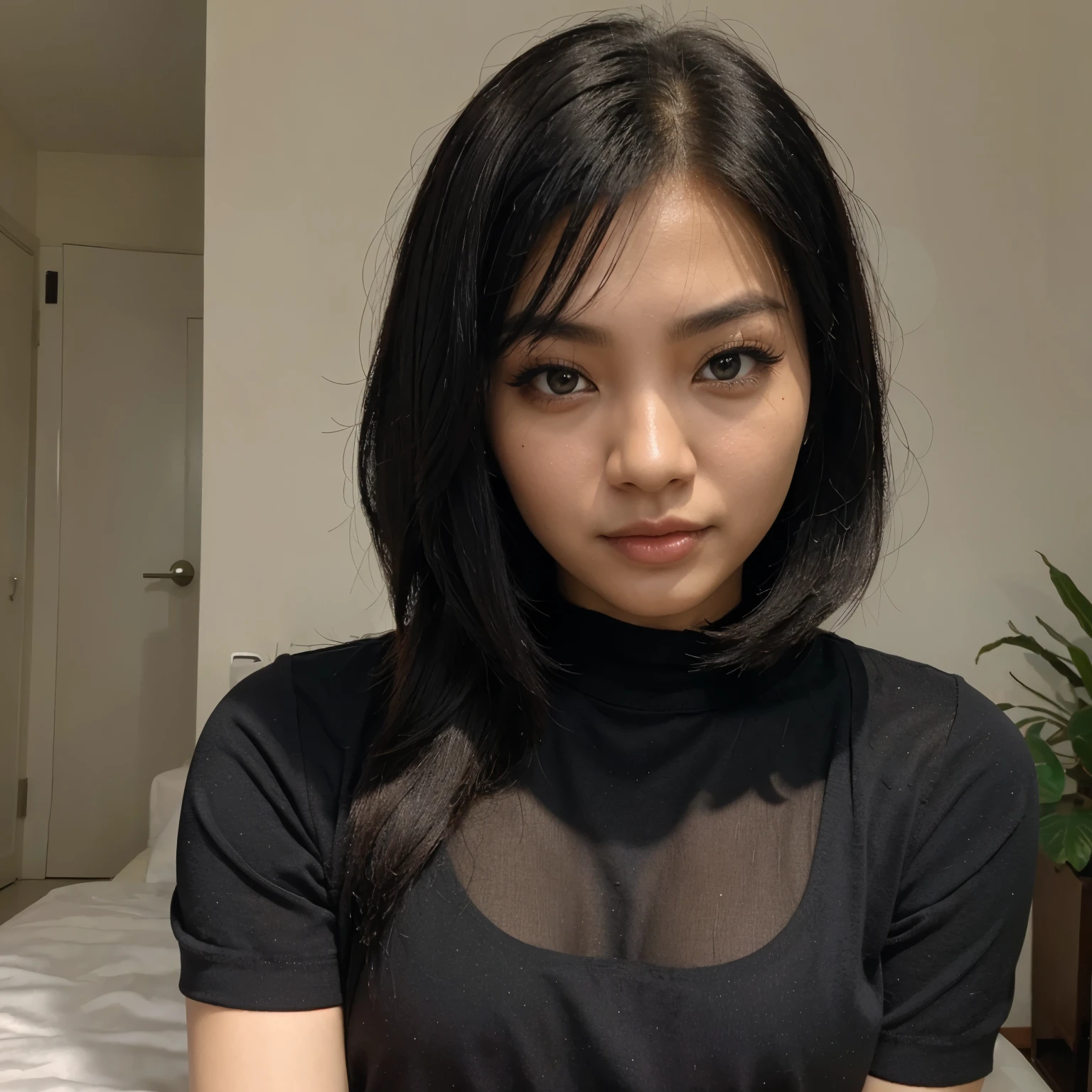 Gadis Cantik berambut hitam dengan wajah asia sedang berjualan sambil Tersenyum