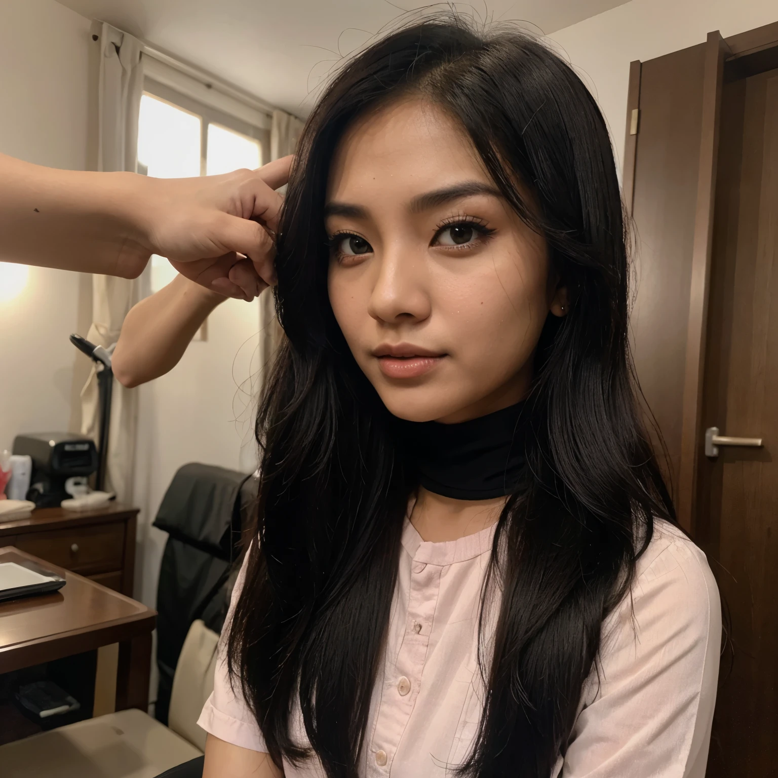 Gadis Cantik berambut hitam dengan wajah asia sedang berjualan sambil Tersenyum