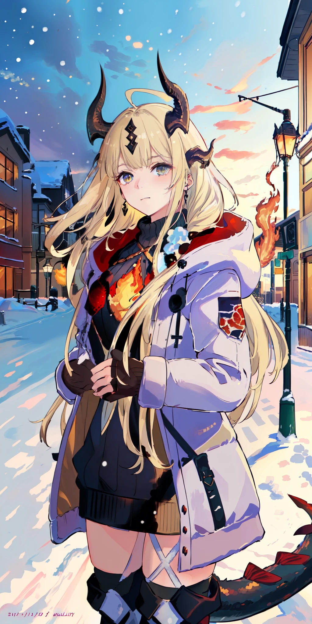 ((((masterpiece, best quality, high resolution))), 1girl, solo,  ORIGINALOUTFIT, ((winter clothes)), (winter coat), sweater, thighhighs, skindentation, (fire_tipped_tail) dragon tail, [horns, blonde, long_hair], snow, snowing, street, winter, warm lights, lamppost, day, sky, (upper body)