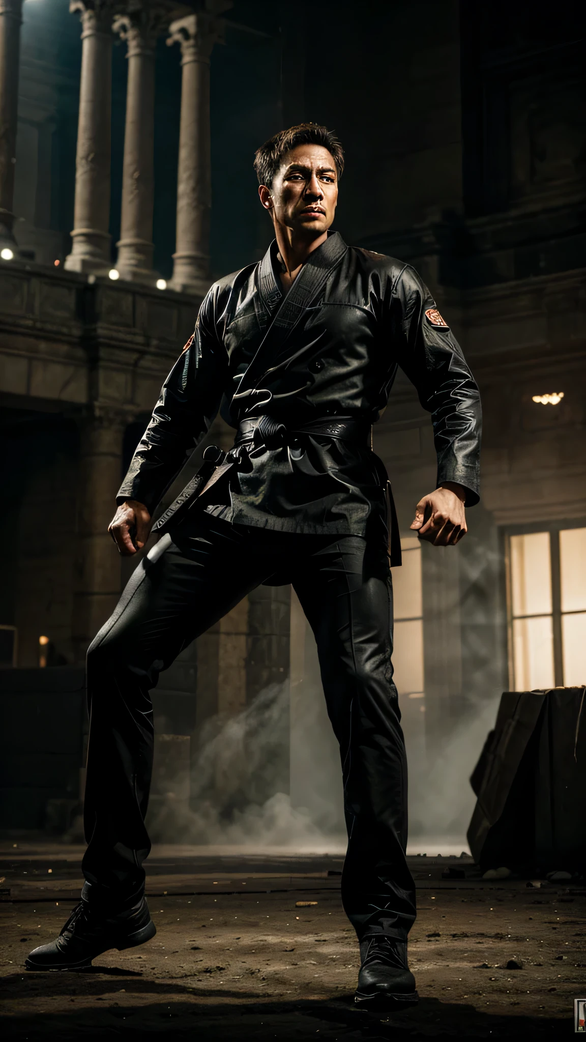 Description of the Man:
He's a 25-year-old American, bearing the scars of battles past, yet his determination burns fiercely in his eyes. Clad in a worn trench coat, he stands as a lone warrior facing an imminent challenge, his body tense and ready for the fray.
Setting:
The scene unfolds in an imposing coliseum, its ancient ruins echoing with the ghosts of battles long past. The grand architecture contrasts with the brutality of the impending clash. A crowd eagerly watches from the stands, awaiting the showdown between the solitary man and his numerous opponents.
Challenge:
Cornered in the coliseum, the man realizes he's not alone. Twenty Japanese adversaries, skilled and relentless, emerge from the shadows around him. Armed with refined combat techniques and determined to defeat their opponent, they advance with silent ferocity.
Wing Chun Fight:
With masterful command of Wing Chun techniques, the man assumes a combat stance, his movements swift and precise as he prepares for the onslaught. Each strike and counter is executed with deadly grace, his mind focused and his body moving in perfect harmony with the martial art he commands.
Image Quality:
Captured in breathtaking 8K Ultra HD, the scene depicts every detail with stunning clarity, immersing the viewer in the tension and emotion of the moment. Beads of sweat, expressions of determination on the man's face, and the fluid motions of his adversaries are portrayed with remarkable precision, transporting the audience into the heart of the arena where the warrior's fate will be decided in an epic showdown.