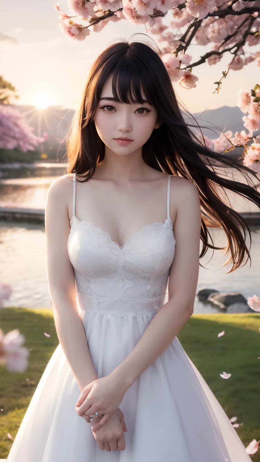 (A logo、masterpiece、8K、masutepiece、Raw photo、Fantastic、Best Quality、フォトリアリスティックでighly detailedな CG 統合 8k 壁紙、hightquality、ighly detailed、epic poem、Particle effect、Dynamic effects、depth of fields、Cinematic Light、Lens Flare、Ray tracing)、Fantasia、 (Beauty 1 person、doress、Dress、Cherry blossom pattern、A dark-haired、Beautiful face、Real Face、beautiful details eyes beautiful skin)、髪がthe windで踊る、Hair flutters in the wind、Hair jumps、Pink cherry blossom tree、Petals flutter、Sakura blizzard、Superb view、morning glow、Sun in the background、the wind、