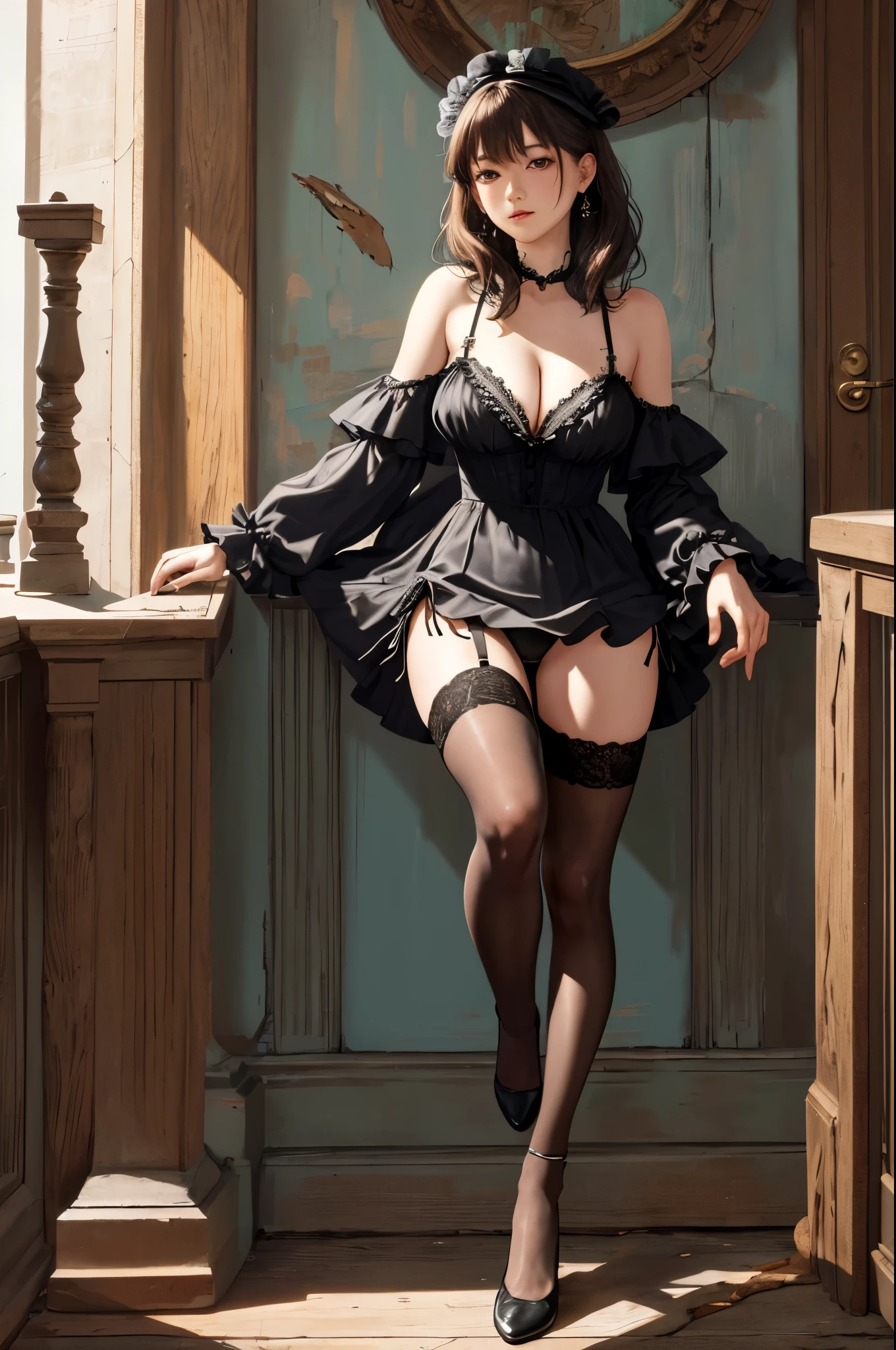 masterpiece, masterpiece,best quality,official art,extremely detailed CG unity 8k wallpaper, best quality, cleavage dress, bare_shoulders, side-tie_bikini, victorian, transparent underwear, chemise, black legwear, torn pantyhose,