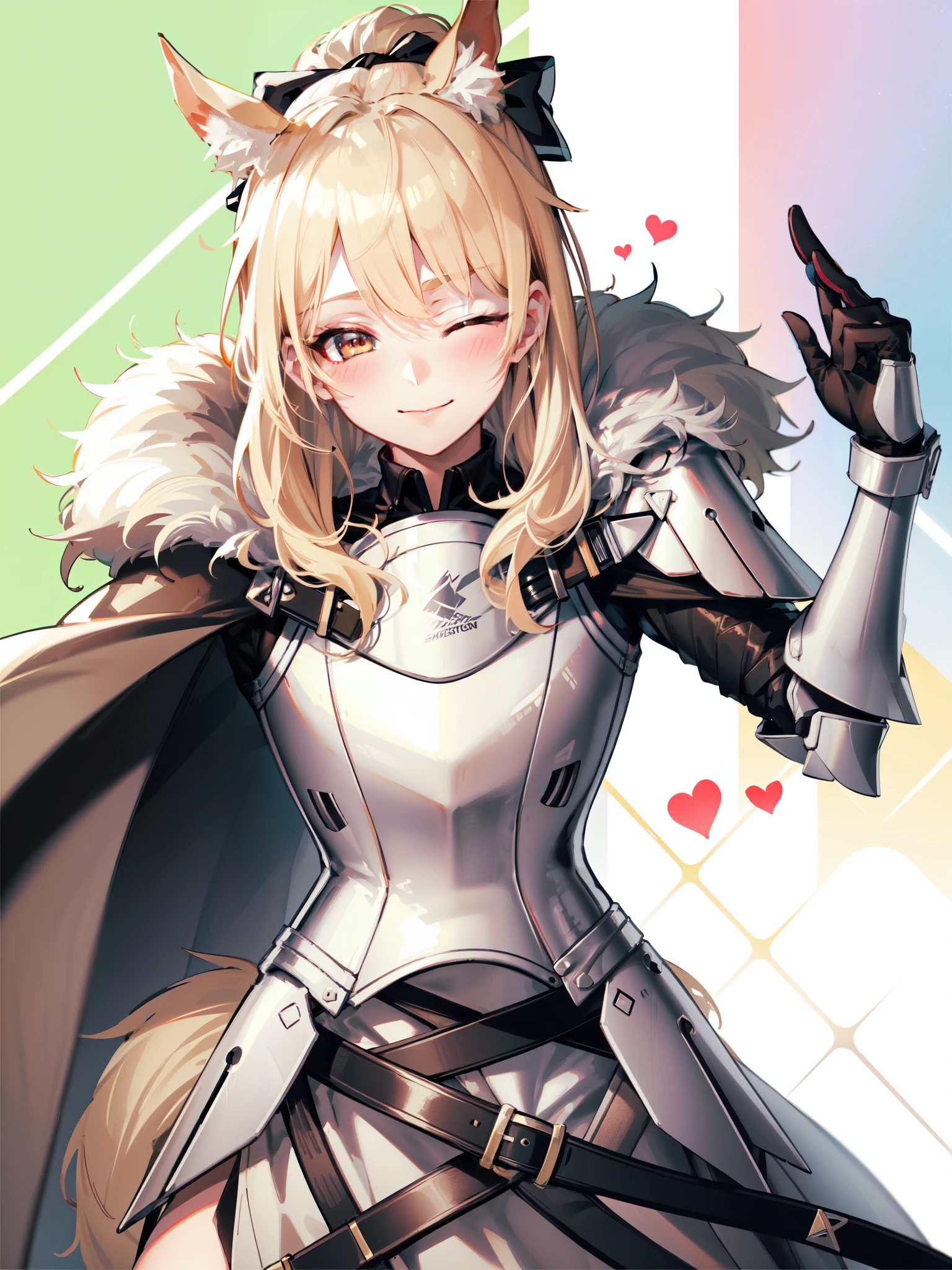 masterpiece, best quality, high resolution, solo, one eye closed, wink, heart, 
OriginalOutfit1, light armor, 1girl, solo, gloves, armor, smile, breastplate, tail, looking at viewer, blush, ponytail, horse tail, ((v)), hair bow, fur trim, bow, black bow, bangs, cape, upper body, closed mouth, hair between eyes, v-shaped eyebrows, purple gloves, plate armor
blonde hair,