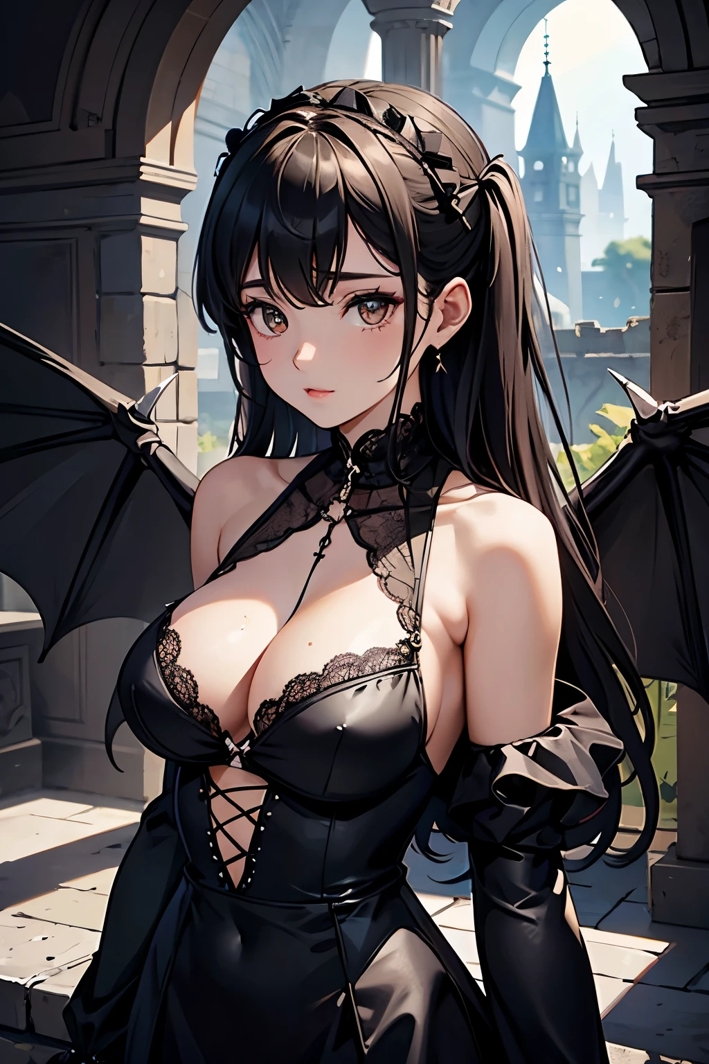 ta guerreira,gothic style black clothes,chifres pontiagudos,dragon wings on the back,vista de cima, sensual and sexy inside a ruined castle