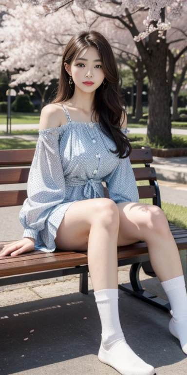 best quality 세부 사항:1.2, realistic, 8k words, highest resolution, 1 girl:1.2, very detailed, high quality texture, intricate details, Detail, very detailed CG, high quality shadows, Beautiful delicate face with details, Beautiful and delicate eyes with details, depth of fields, ray tracing, 4K 8k words Full Color RAW Photos, Fujifilm, masterpiece, best quality,Korean woman, milf,28 year old woman,long hair,shining_skin,thin_waist,huge tits, Polka_Dot_Midi_dress,socks,the opposite, night, HD, 8 thousand,crowd:1.1,depth of field,looking at viewer,sitting on bench,random pose, mystical royal palace background, Cherry Blossom