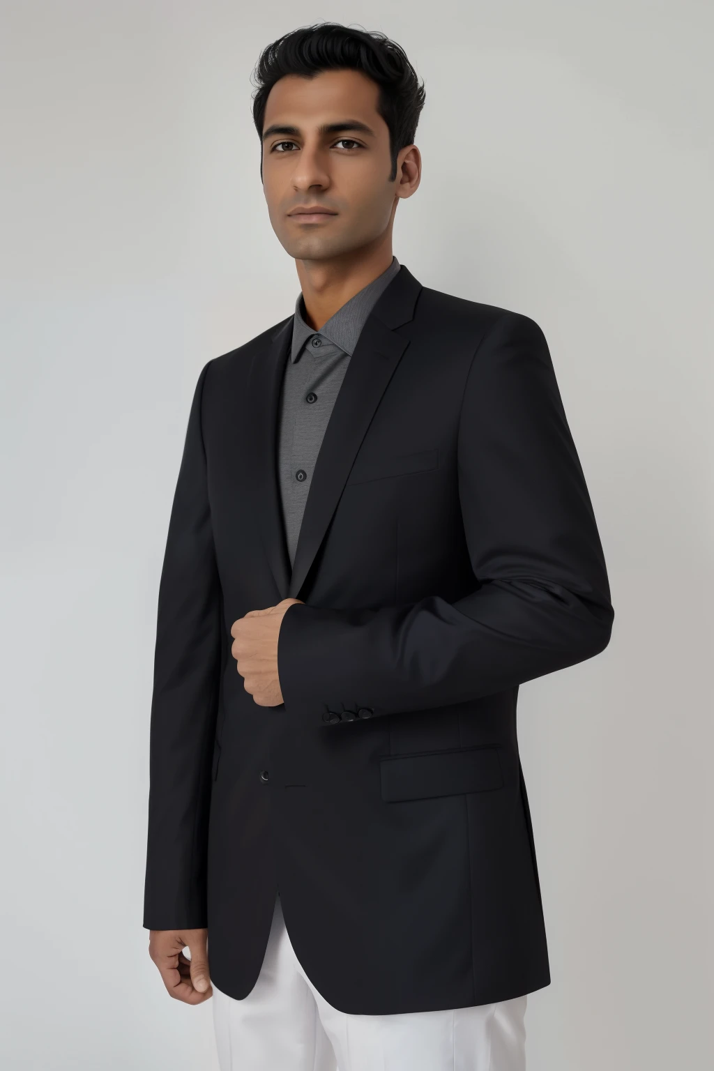 arafed man in a suit standing in front of a white wall, wearing black grey suit, wearing business suit, wearing suit, wearing a business suit, full body photograph, wearing dark grey suit, wearing a black noble suit, wearing a fancy black jacket, full body profile camera shot, formal attire, profile shot, wearing a blazer, wearing a black jacket