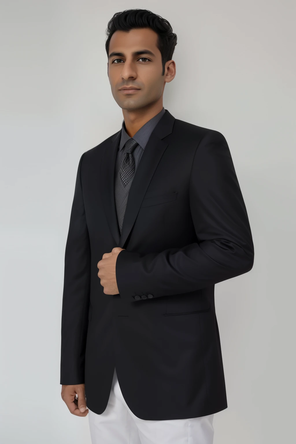 arafed man in a suit standing in front of a white wall, wearing black grey suit, wearing business suit, wearing suit, wearing a business suit, full body photograph, wearing dark grey suit, wearing a black noble suit, wearing a fancy black jacket, full body profile camera shot, formal attire, profile shot, wearing a blazer, wearing a black jacket
