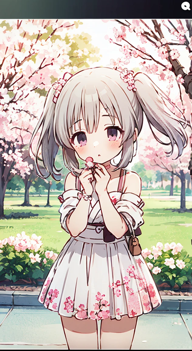 masterpiece, highest quality, (anime screencap:1.3),(shape), cute,(simple:1), (anime:1.2),Solo Sharp Focus, 1 girl, cleavage,looking at the viewer, Japan,silver hair,((bare shoulders,mini skirt)),Are standing, twin tails,spring((Cherry blossom viewing,Cherry blossom trees)),