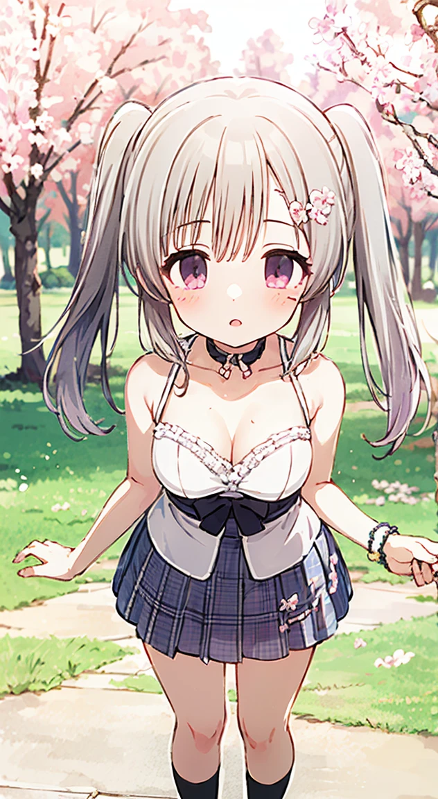 masterpiece, highest quality, (anime screencap:1.3),(shape), cute,(simple:1), (anime:1.2),Solo Sharp Focus, 1 girl, cleavage,looking at the viewer, Japan,silver hair,((bare shoulders,mini skirt)),Are standing, twin tails,spring((Cherry blossom viewing,Cherry blossom trees)),