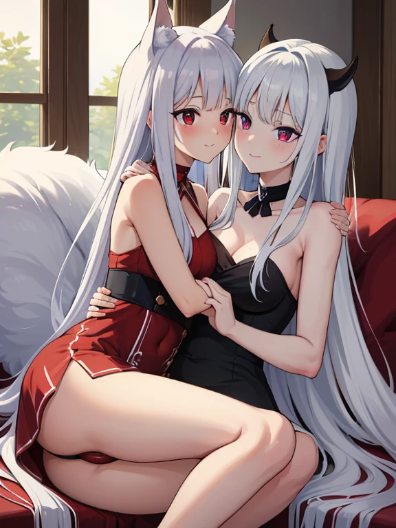 red eyes,details:1.5,(best quality,8k,highres,masterpiece:1.2),ultra-detailed, Foxy boy:1.1, with grey hair,evils smile,casual clothes,Foxy girl:1.1, with silver hair,feminine,blushing cheeks,near kiss